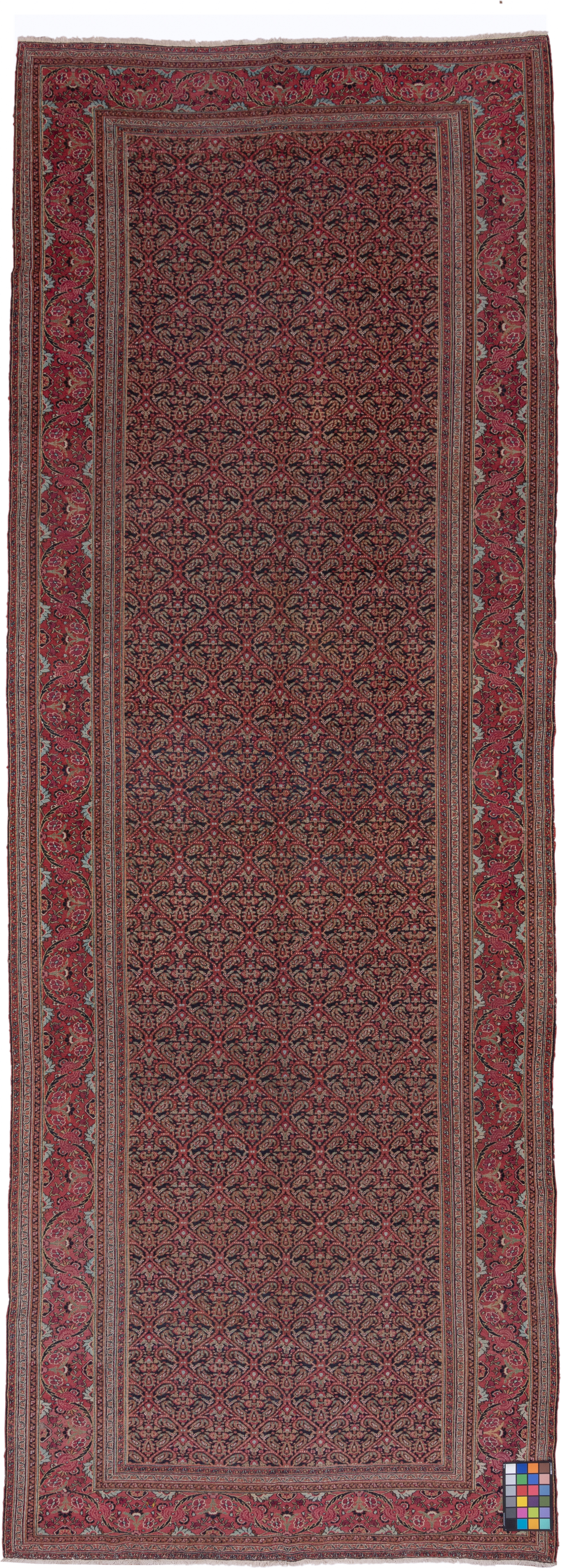 7' x 20' one-of-a-kind handmade antique Khorassan rug. Color palette: rose, navy, burgundy, ivory, dusty pink, taupe