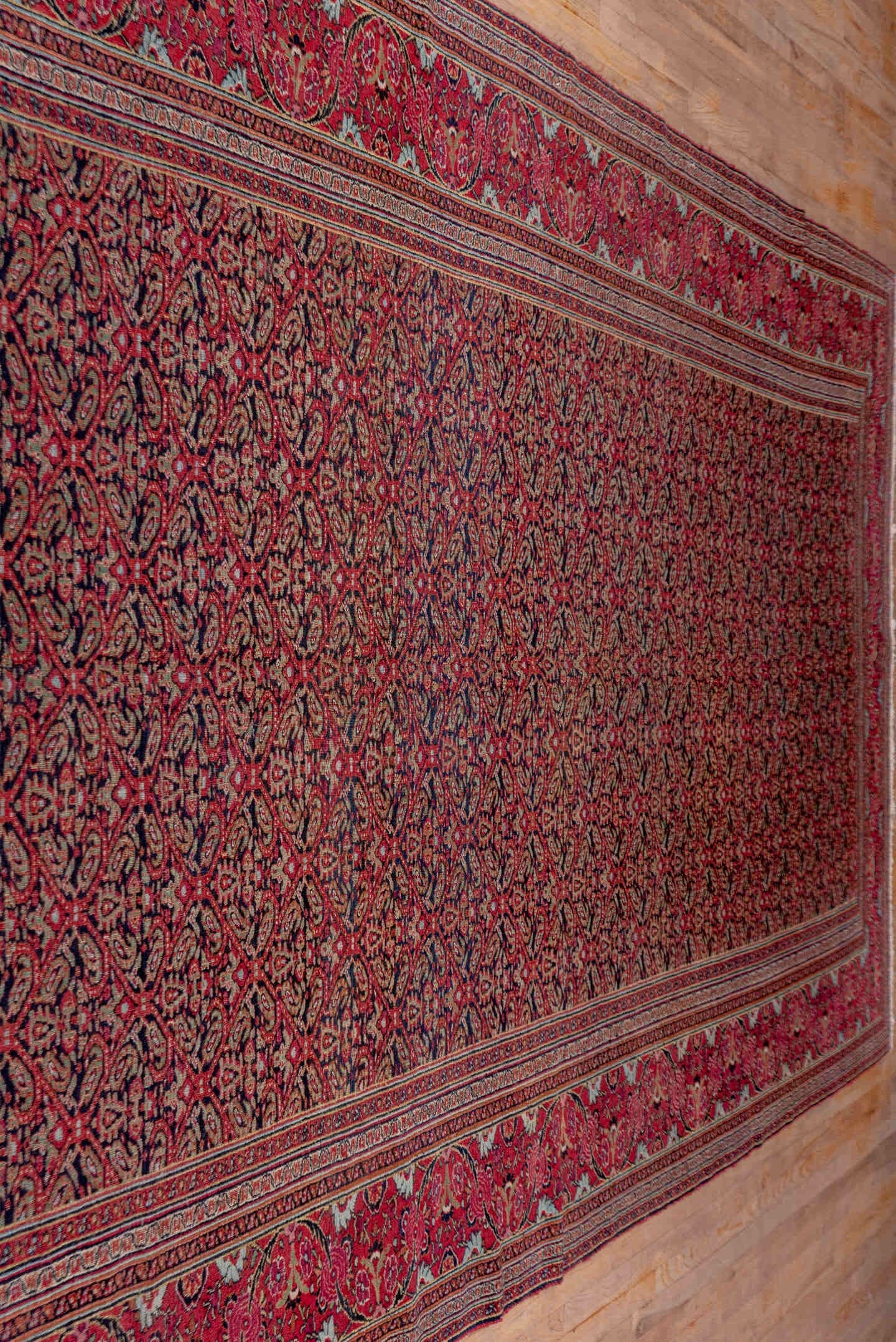 7' x 20' one-of-a-kind handmade antique Khorassan rug. Color palette: rose, navy, burgundy, ivory, dusty pink, taupe