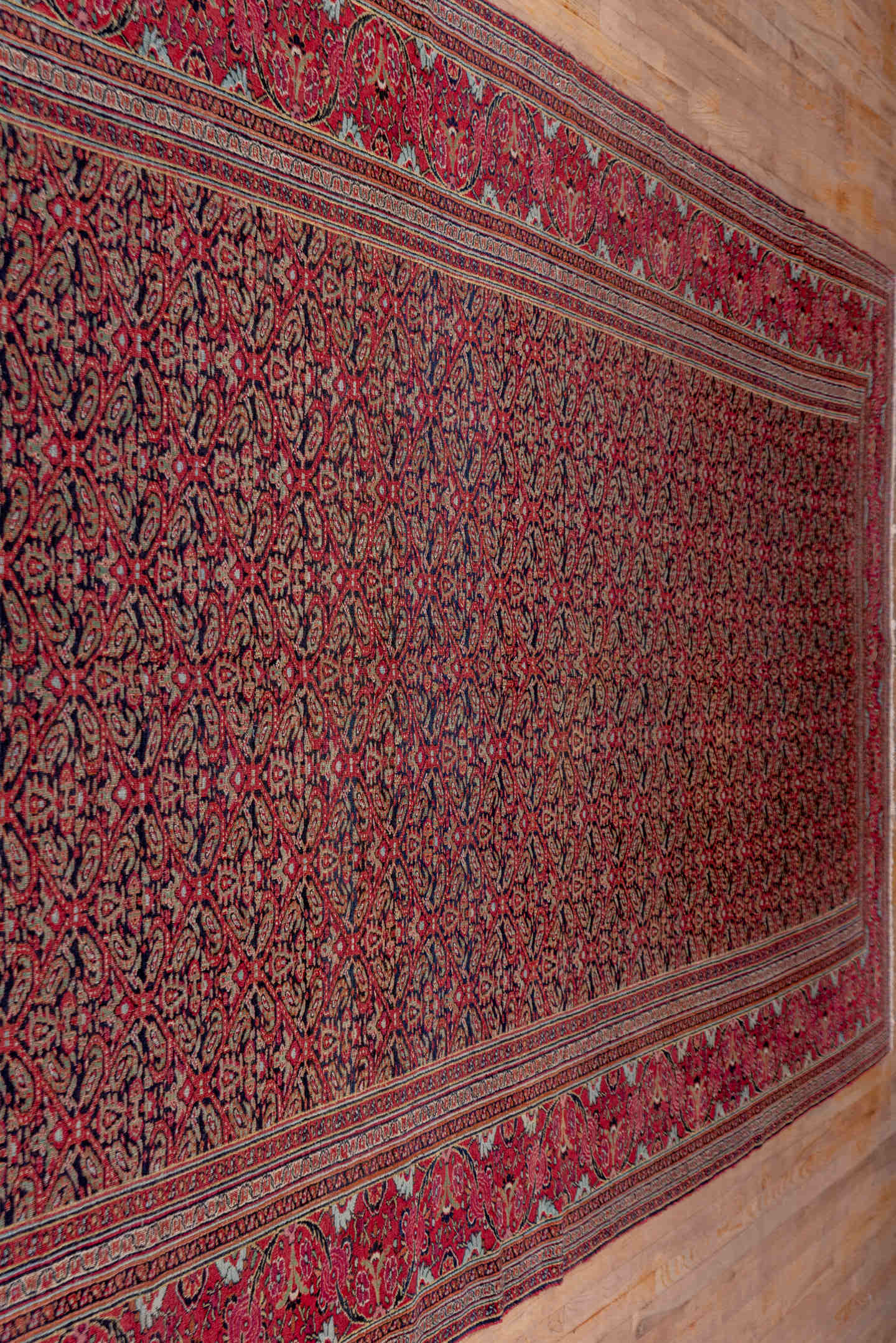 7' x 20' one-of-a-kind handmade antique Khorassan rug. Color palette: rose, navy, burgundy, ivory, dusty pink, taupe
