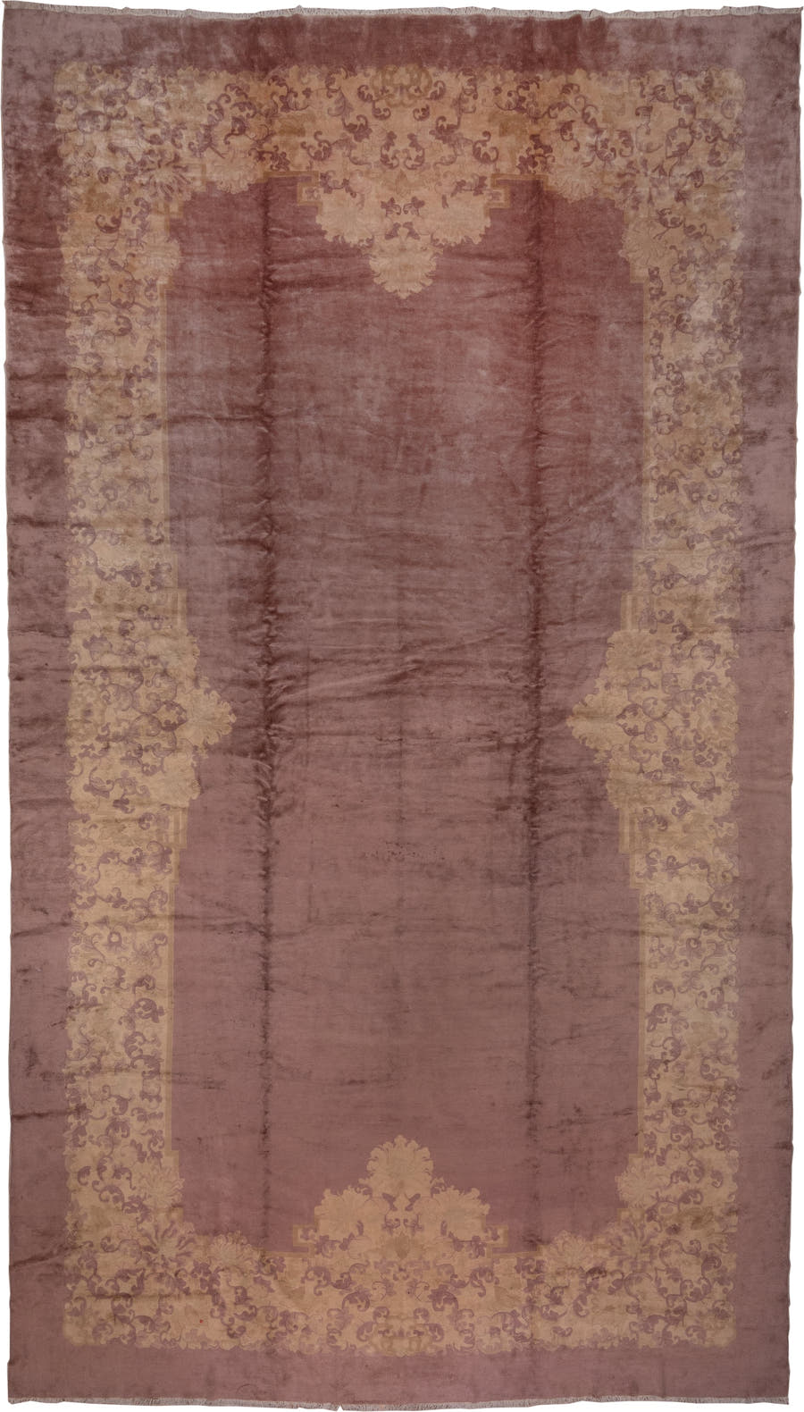 12' x 20' one-of-a-kind handmade antique Chinese oversize rug. Color palette: rose, taupe, beige, mauve, dusty lavender