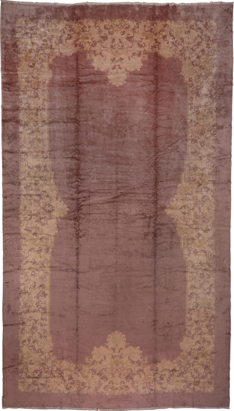 12' x 20' one-of-a-kind handmade antique Chinese oversize rug. Color palette: rose, taupe, beige, mauve, dusty lavender