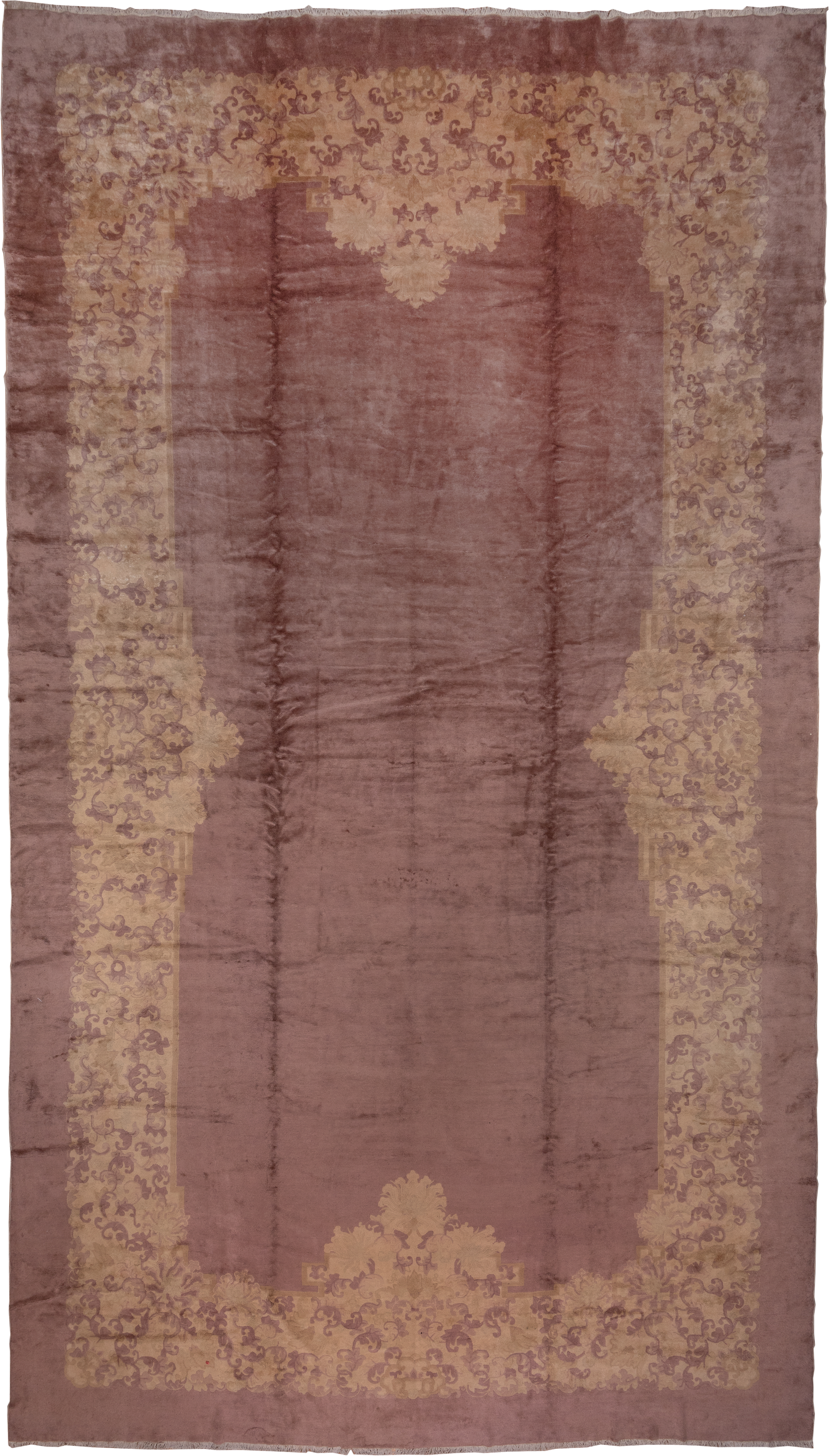 12' x 20' one-of-a-kind handmade antique Chinese oversize rug. Color palette: rose, taupe, beige, mauve, dusty lavender