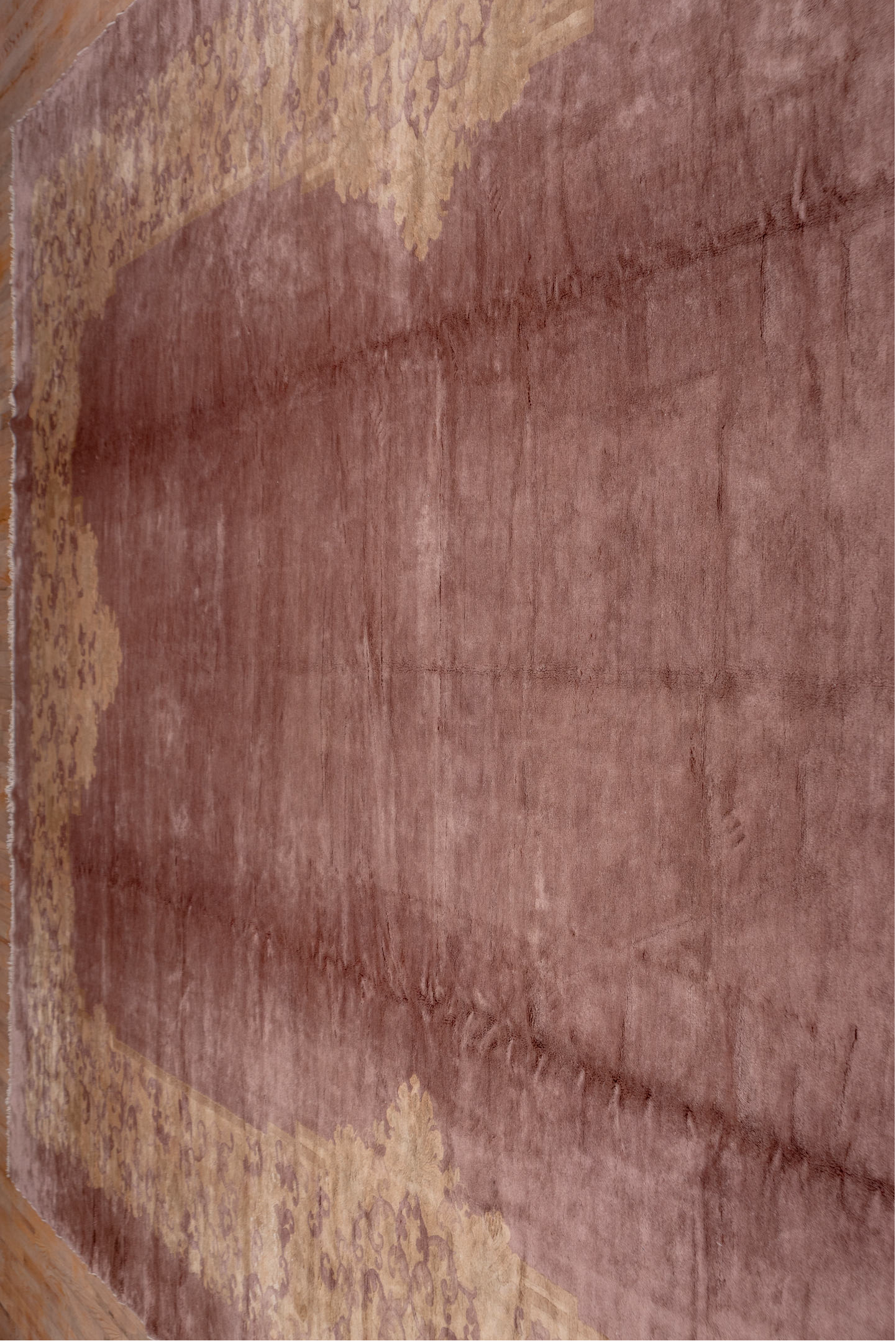 12' x 20' one-of-a-kind handmade antique Chinese oversize rug. Color palette: rose, taupe, beige, mauve, dusty lavender