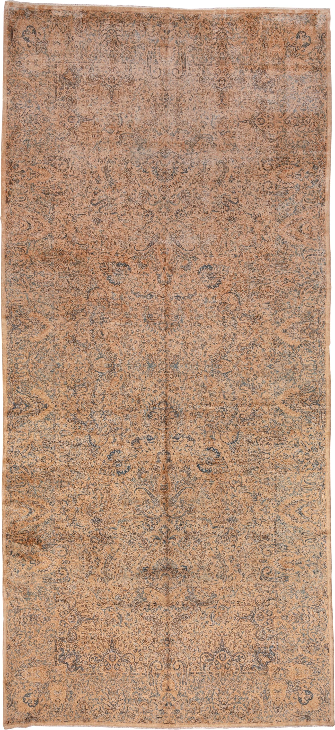 8' x 19' one-of-a-kind handmade antique Kerman rug. Color palette: peach, ivory, blue_gray, taupe, camel, slate, terracotta