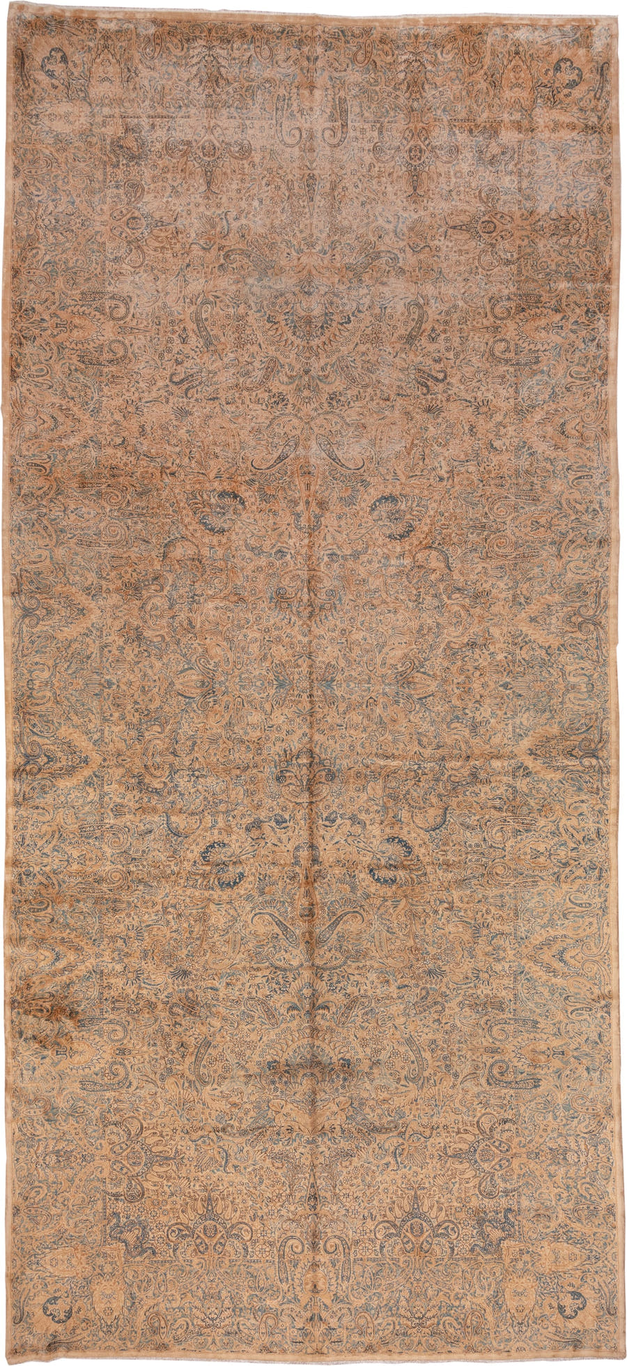 8' x 19' one-of-a-kind handmade antique Kerman rug. Color palette: peach, ivory, blue_gray, taupe, camel, slate, terracotta