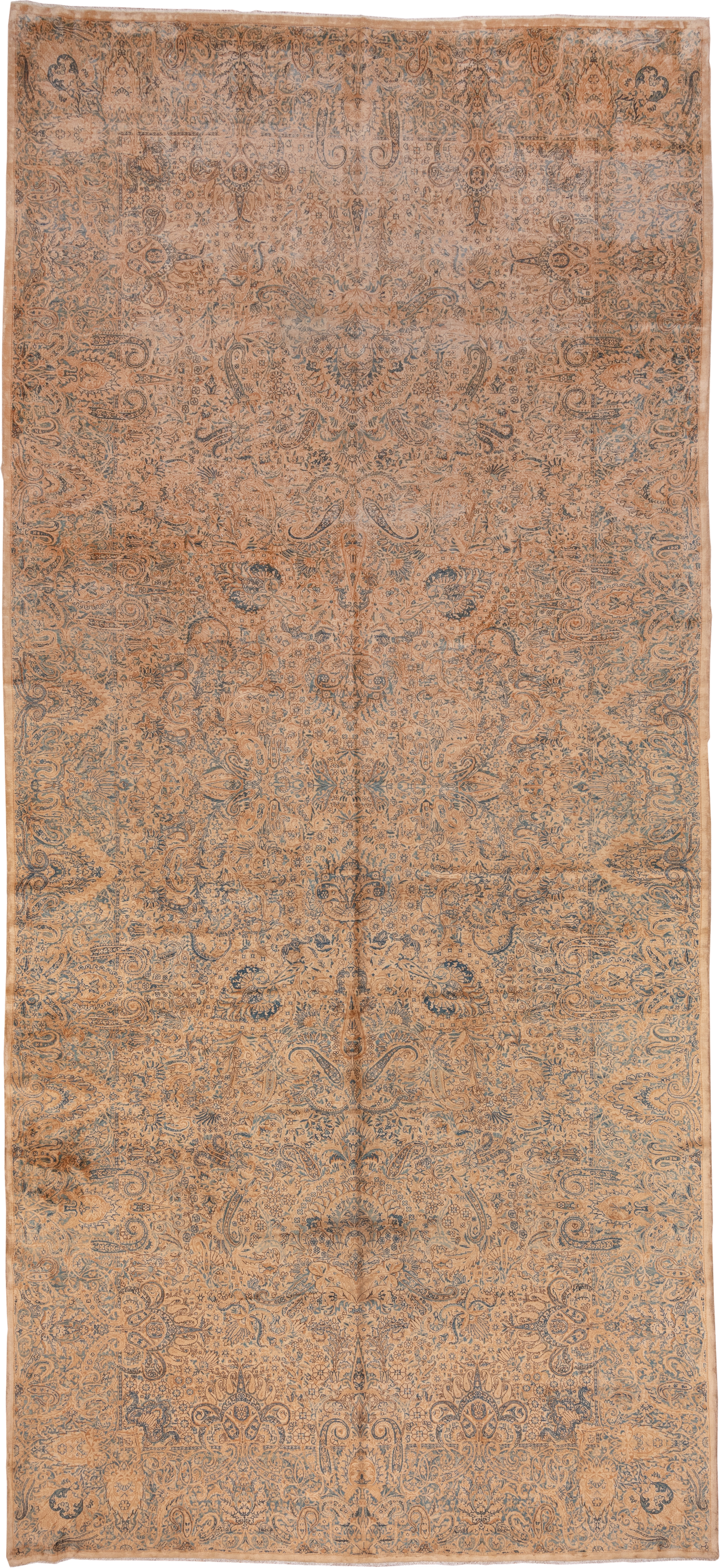 8' x 19' one-of-a-kind handmade antique Kerman rug. Color palette: peach, ivory, blue_gray, taupe, camel, slate, terracotta