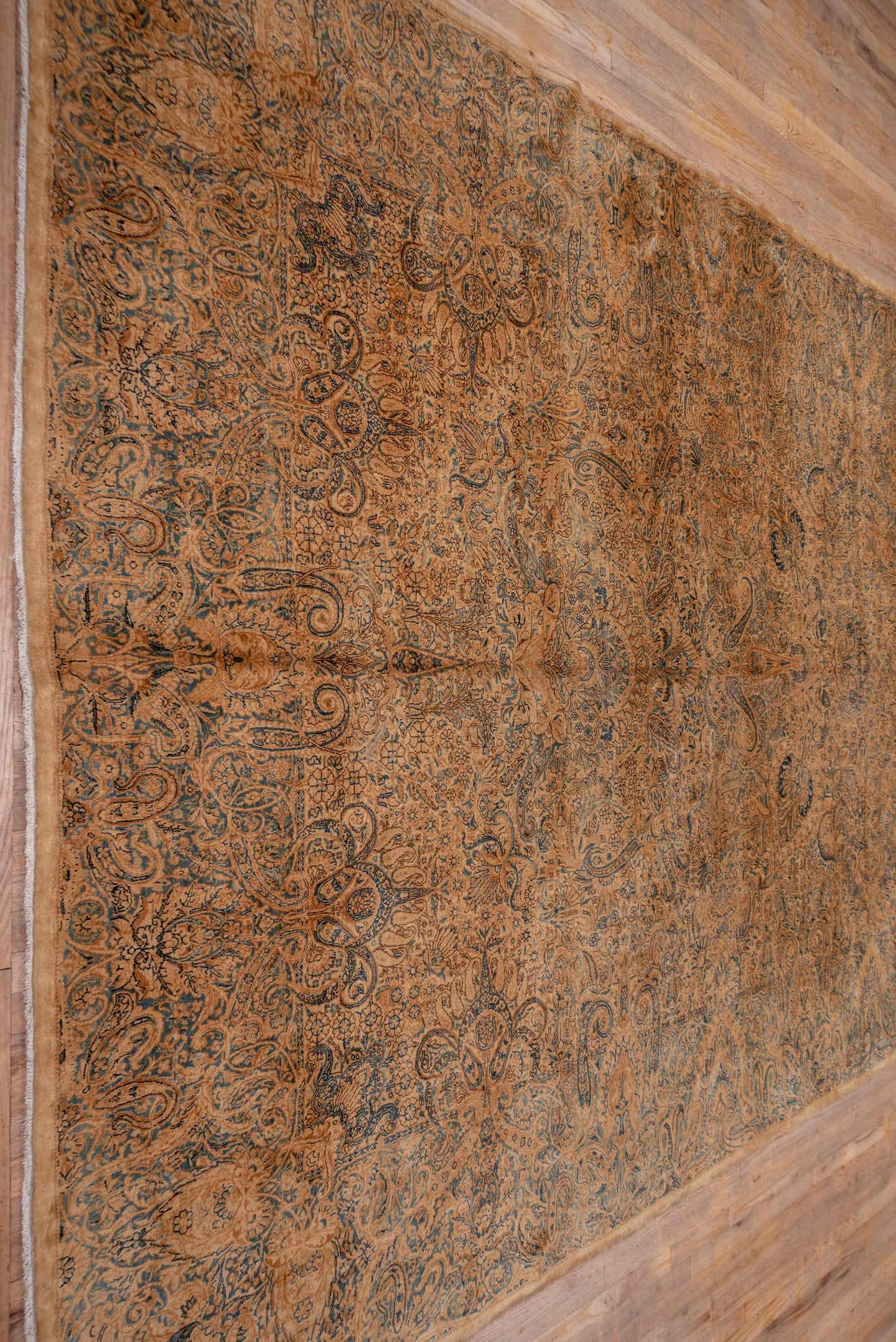 8' x 19' one-of-a-kind handmade antique Kerman rug. Color palette: peach, ivory, blue_gray, taupe, camel, slate, terracotta