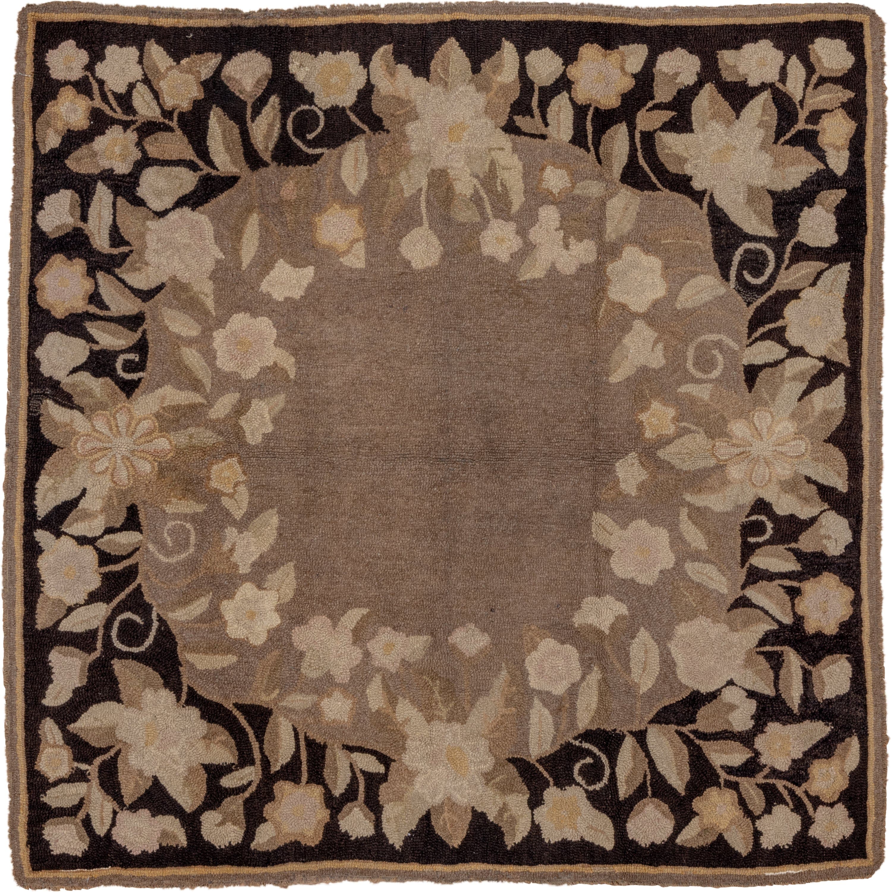 5' x 5' one-of-a-kind handmade antique Hooked rug. Color palette: taupe, brown, ivory, beige, cream, camel, gray