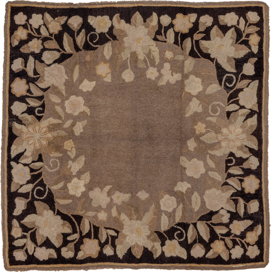 5' x 5' one-of-a-kind handmade antique Hooked rug. Color palette: taupe, brown, ivory, beige, cream, camel, gray