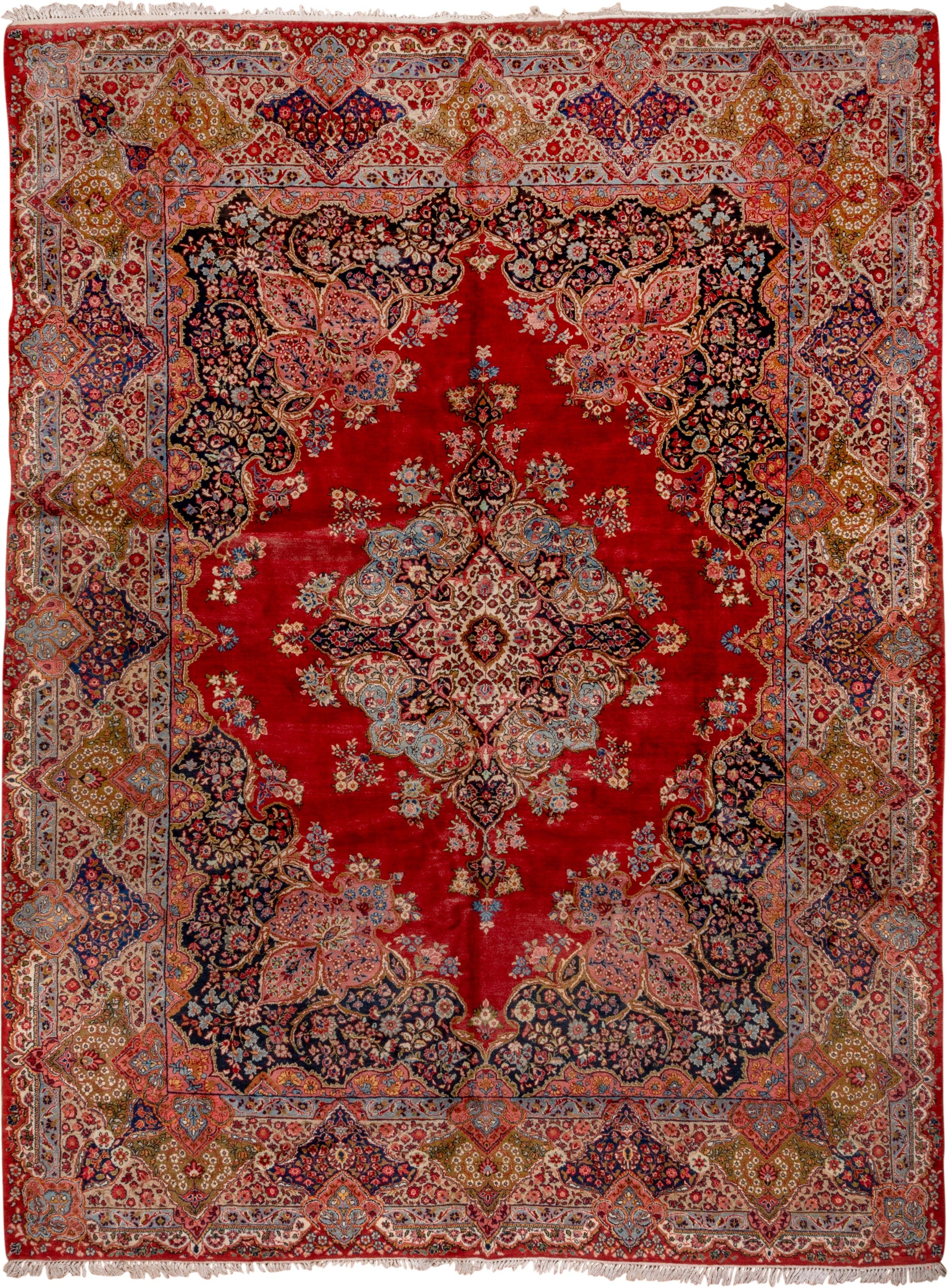 10' x 13' one-of-a-kind handmade antique Sarouk large size rug. Color palette: red, navy, ivory, sky blue, rose, gold, camel