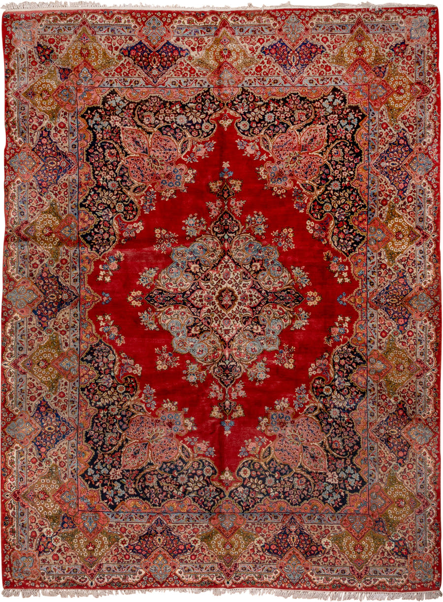 10' x 13' one-of-a-kind handmade antique Sarouk large size rug. Color palette: red, navy, ivory, sky blue, rose, gold, camel