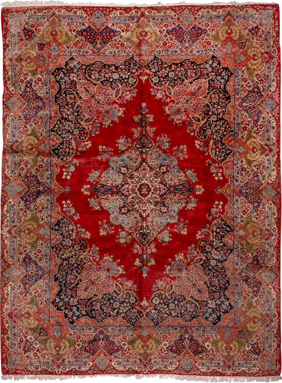 10' x 13' one-of-a-kind handmade antique Sarouk large size rug. Color palette: red, navy, ivory, sky blue, rose, gold, camel