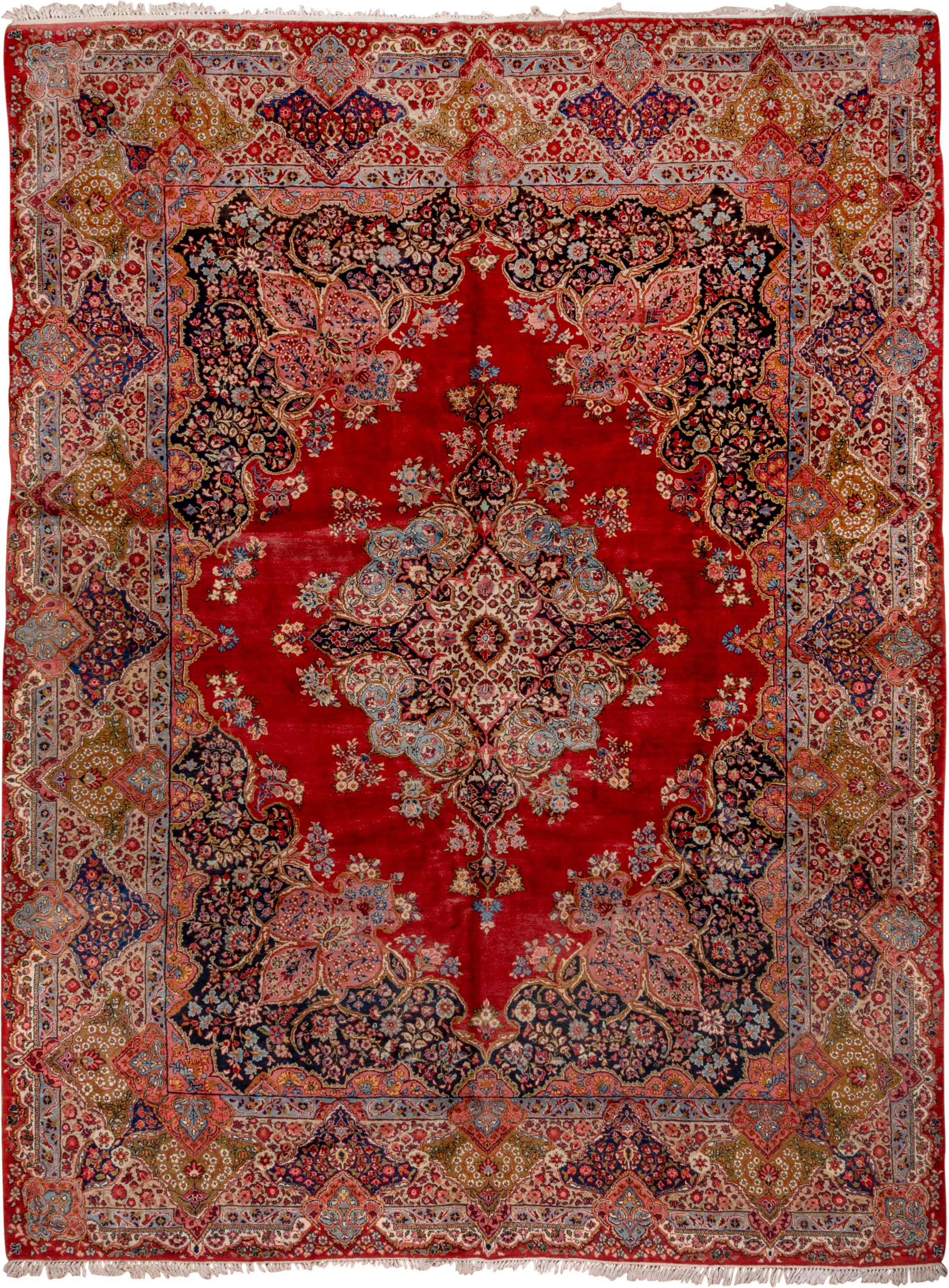 10' x 13' one-of-a-kind handmade antique Sarouk large size rug. Color palette: red, navy, ivory, sky blue, rose, gold, camel