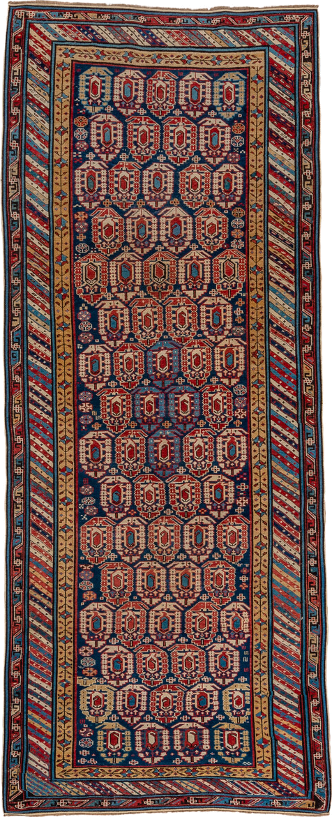 3' x 9' one-of-a-kind handmade antique Kuba runner rug. Color palette: indigo, ivory, rust, sky blue, camel, crimson, navy