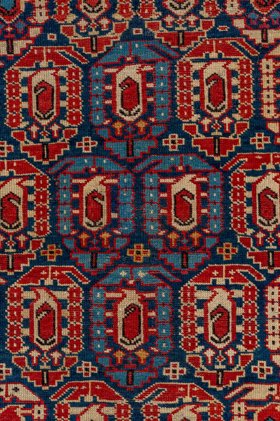 3' x 9' one-of-a-kind handmade antique Kuba runner rug. Color palette: indigo, ivory, rust, sky blue, camel, crimson, navy