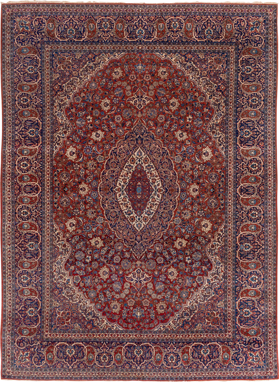 10' x 13' one-of-a-kind handmade antique Isfahan large size rug. Color palette: navy, rust, ivory, crimson, cobalt, camel