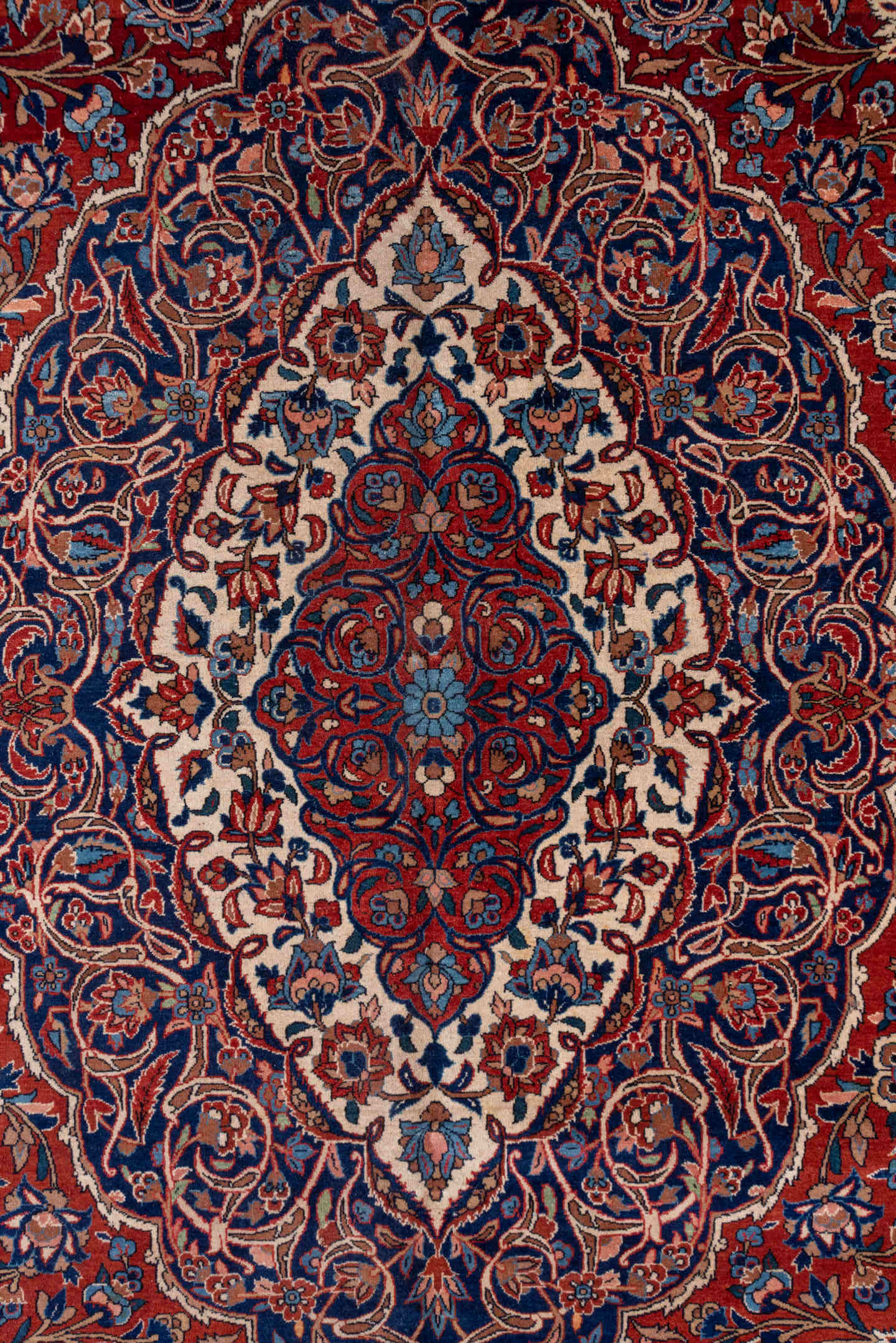 10' x 13' one-of-a-kind handmade antique Isfahan large size rug. Color palette: navy, rust, ivory, crimson, cobalt, camel