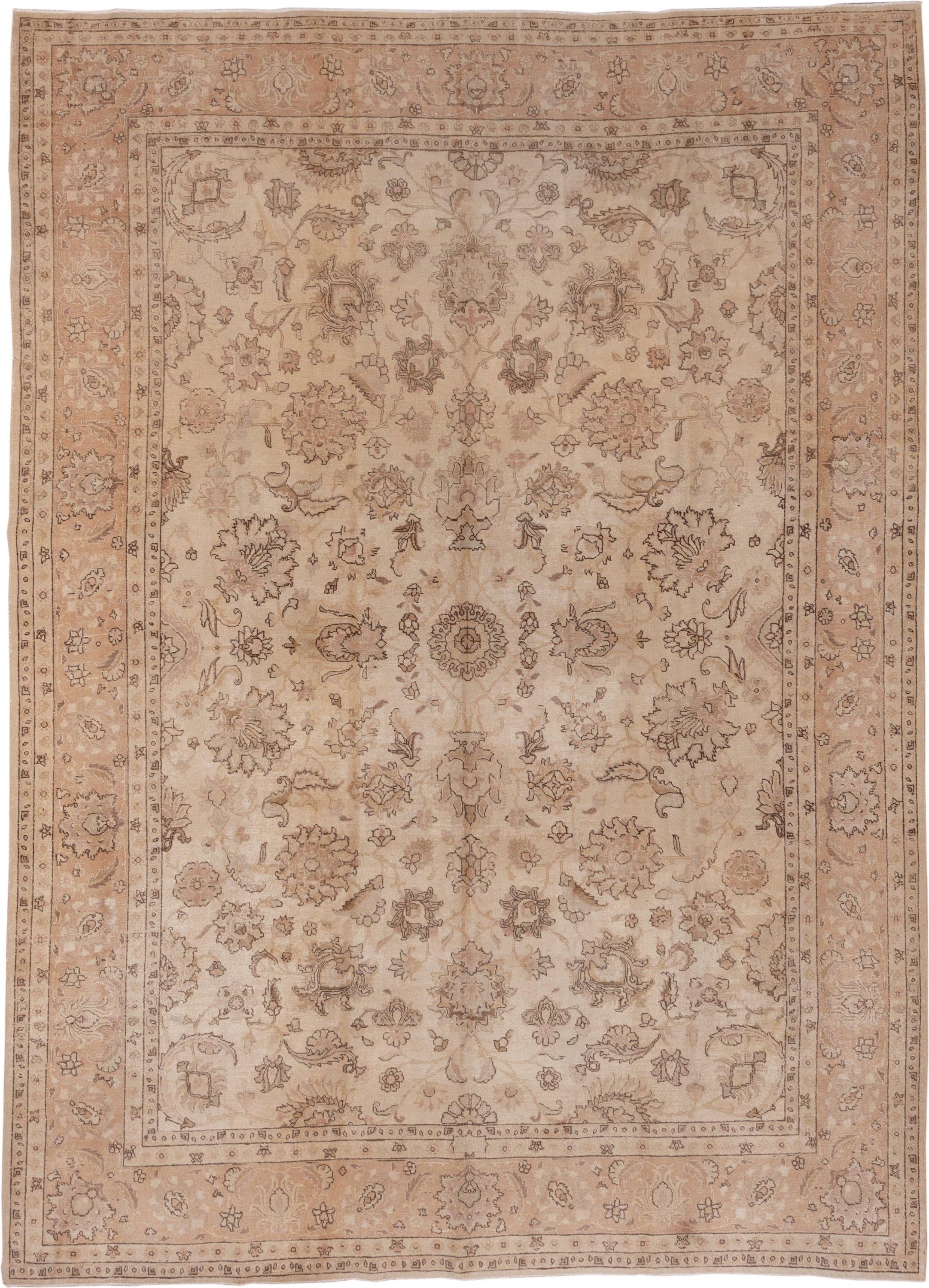 7' x 10' one-of-a-kind handmade antique Tabriz large size rug. Color palette: ivory, blush, taupe, camel, rose, beige, brown