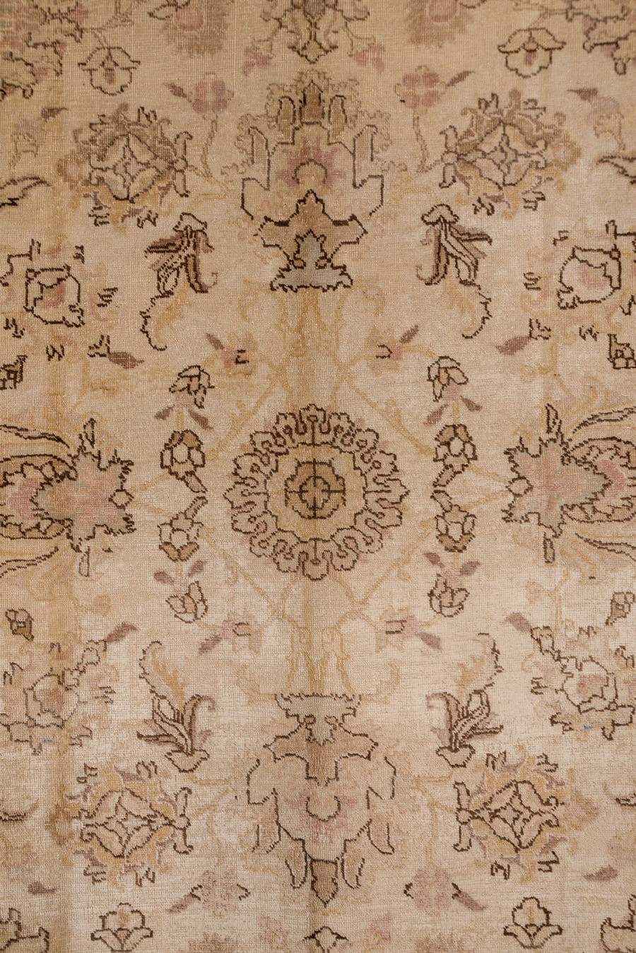 7' x 10' one-of-a-kind handmade antique Tabriz large size rug. Color palette: ivory, blush, taupe, camel, rose, beige, brown