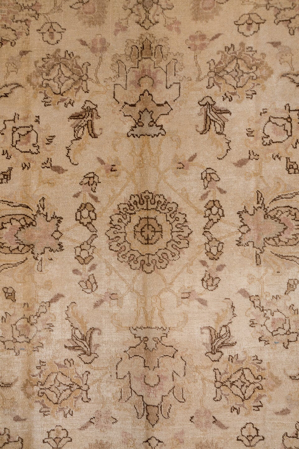 7' x 10' one-of-a-kind handmade antique Tabriz large size rug. Color palette: ivory, blush, taupe, camel, rose, beige, brown