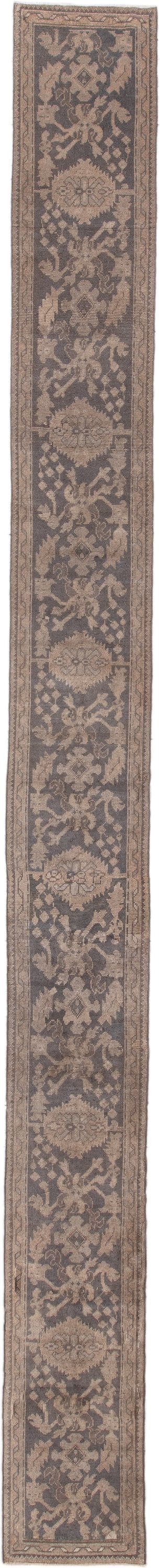 2' x 23' one-of-a-kind handmade antique Oushak runner rug. Color palette: taupe, brown, charcoal, beige, camel, gray, black