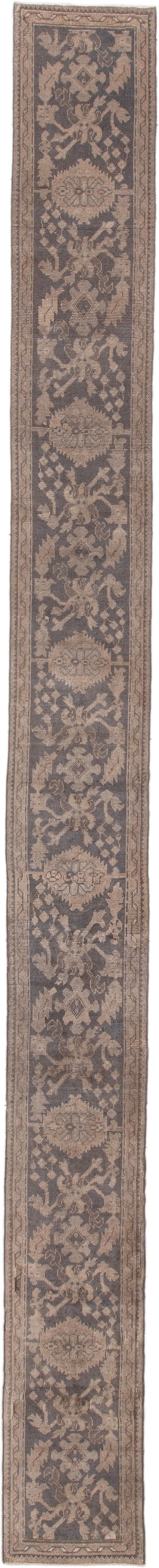 2' x 23' one-of-a-kind handmade antique Oushak runner rug. Color palette: taupe, brown, charcoal, beige, camel, gray, black