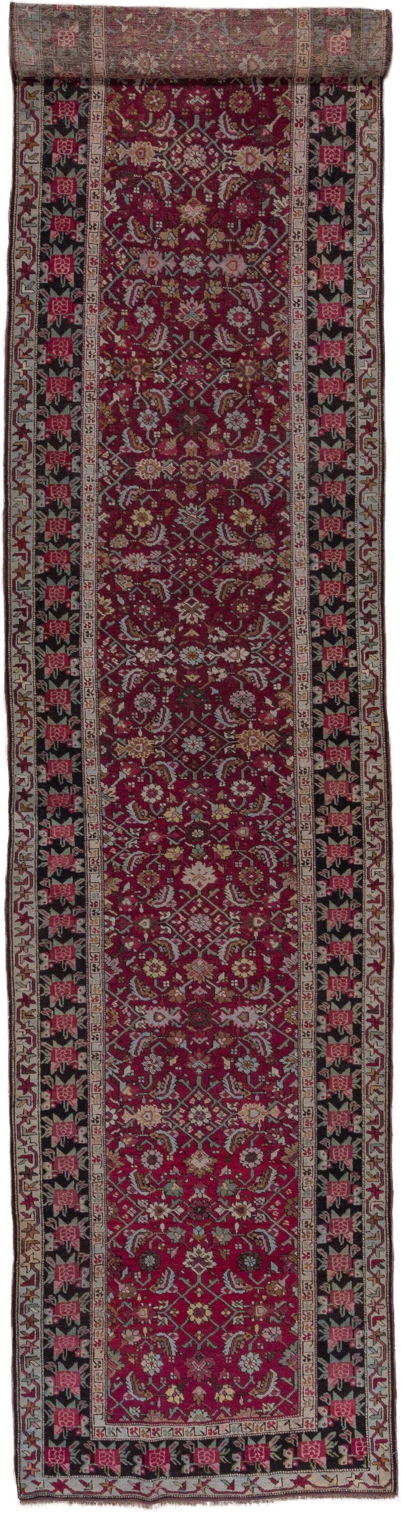 4' x 19' one-of-a-kind handmade antique Karabagh runner rug. Color palette: crimson, ivory, charcoal, rose, sage, taupe