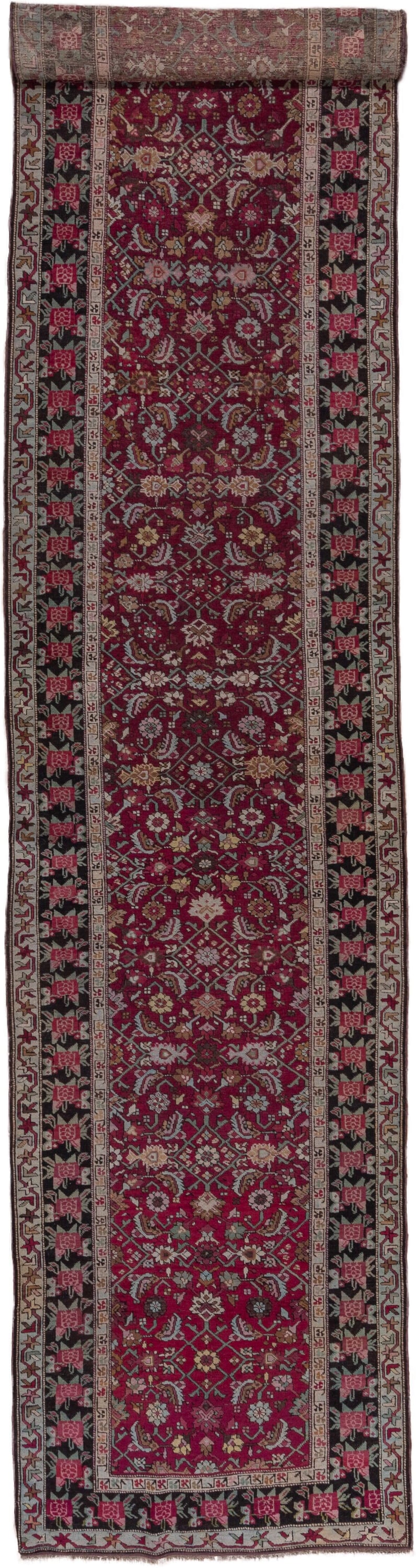 4' x 19' one-of-a-kind handmade antique Karabagh runner rug. Color palette: crimson, ivory, charcoal, rose, sage, taupe