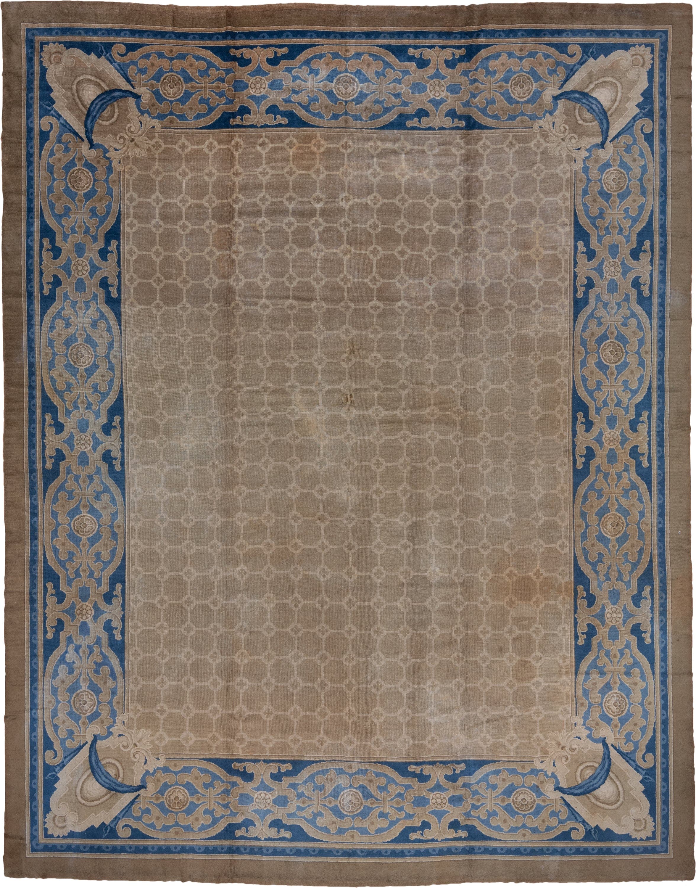 12' x 15' one-of-a-kind handmade antique European oversize rug. Color palette: taupe, blue, ivory, beige, camel, gray