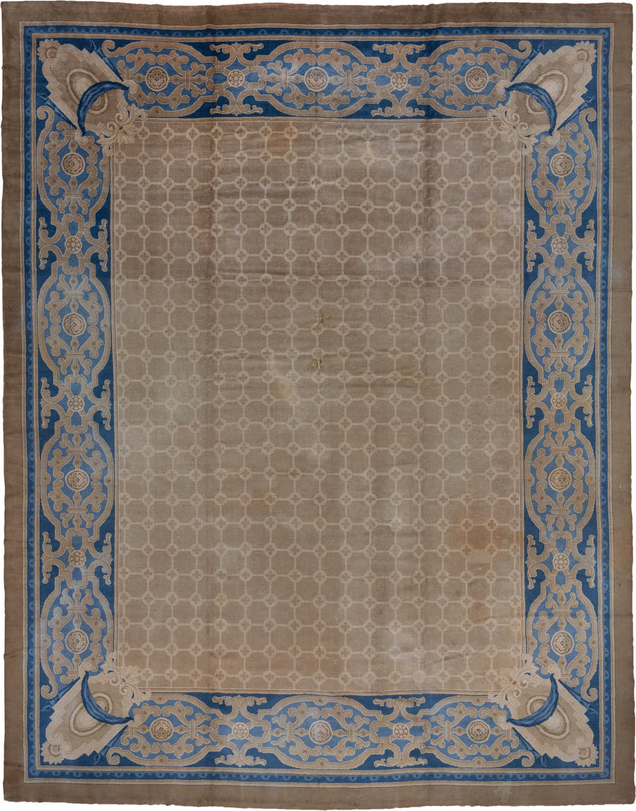 12' x 15' one-of-a-kind handmade antique European oversize rug. Color palette: taupe, blue, ivory, beige, camel, gray