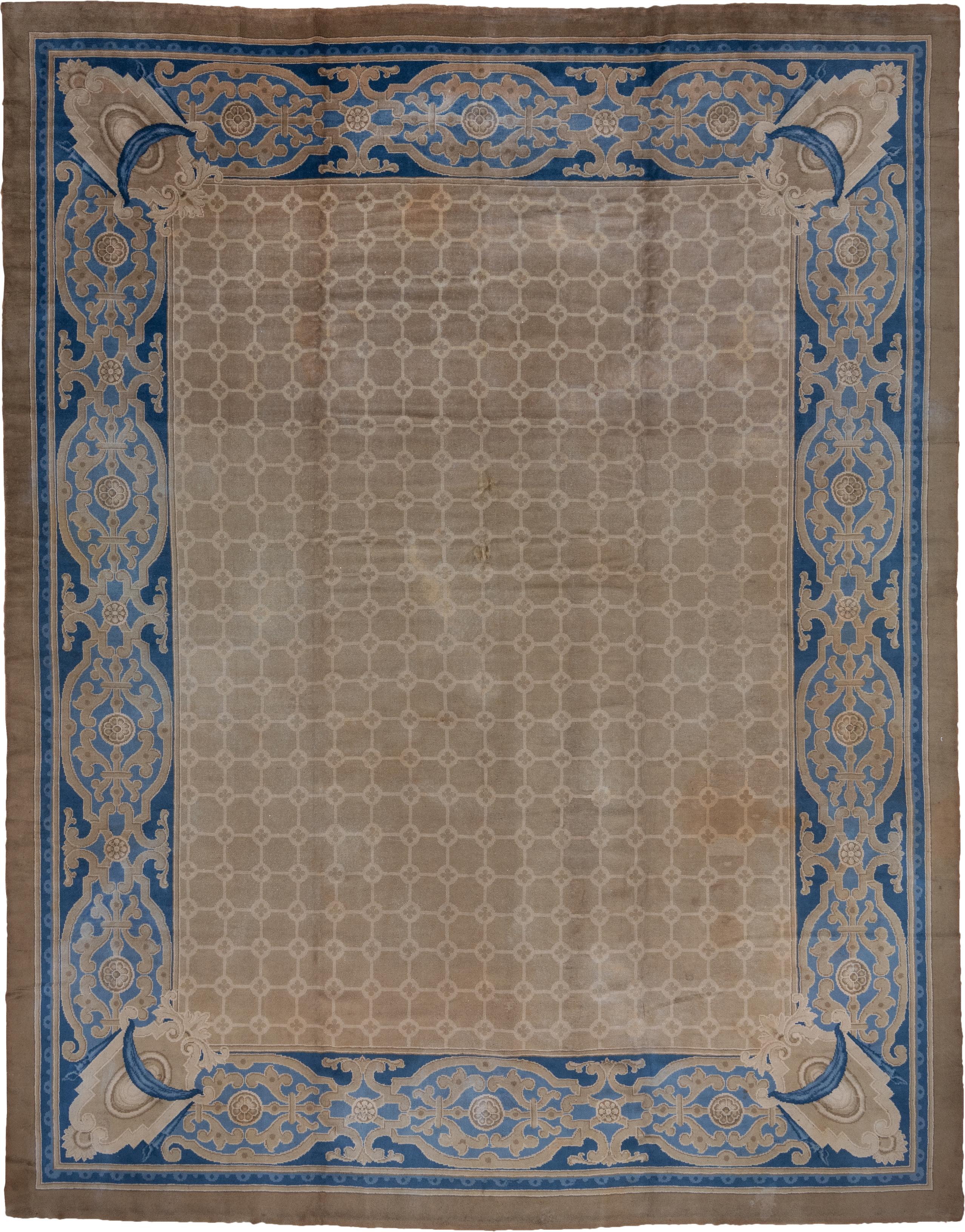 12' x 15' one-of-a-kind handmade antique European oversize rug. Color palette: taupe, blue, ivory, beige, camel, gray