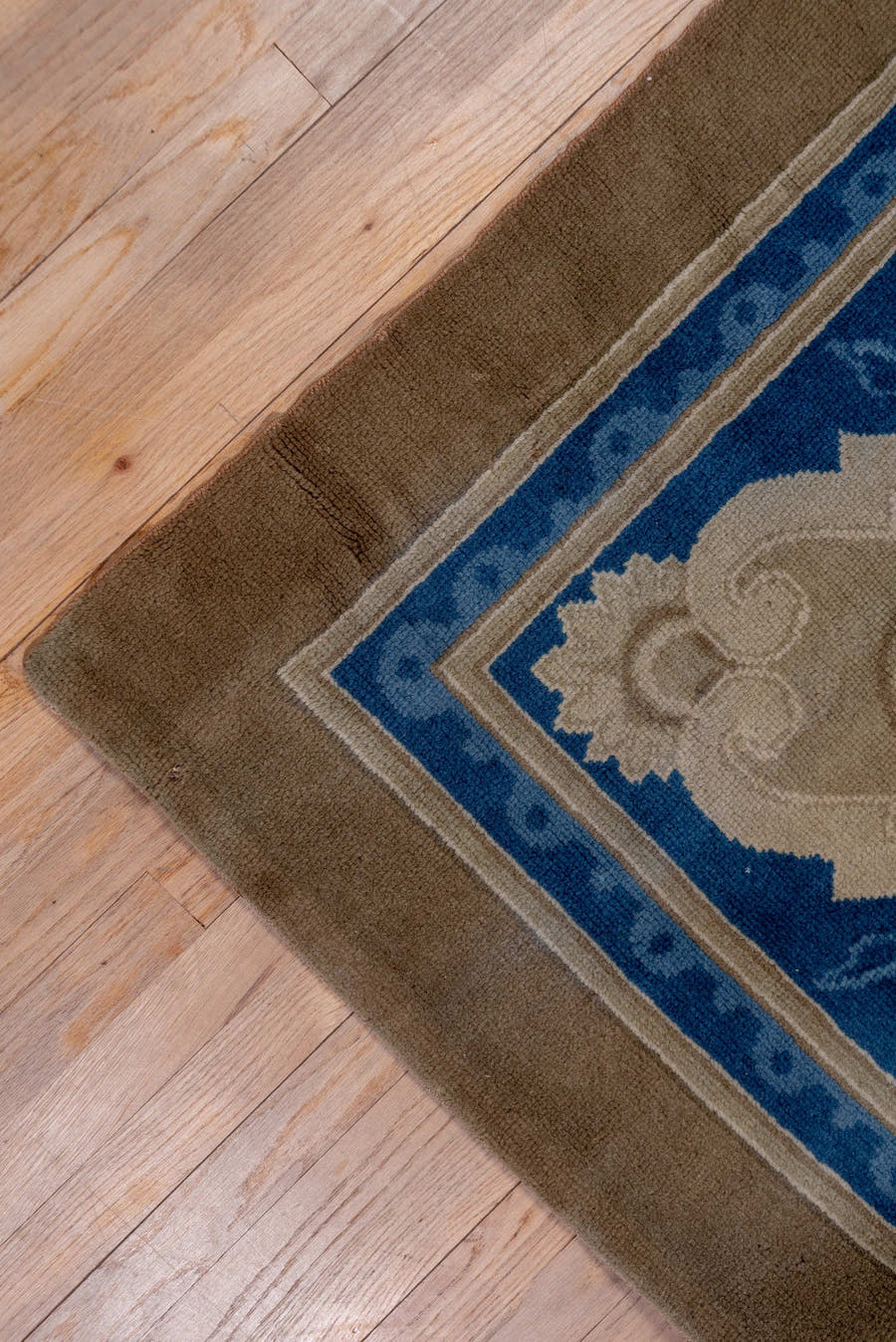 12' x 15' one-of-a-kind handmade antique European oversize rug. Color palette: taupe, blue, ivory, beige, camel, gray