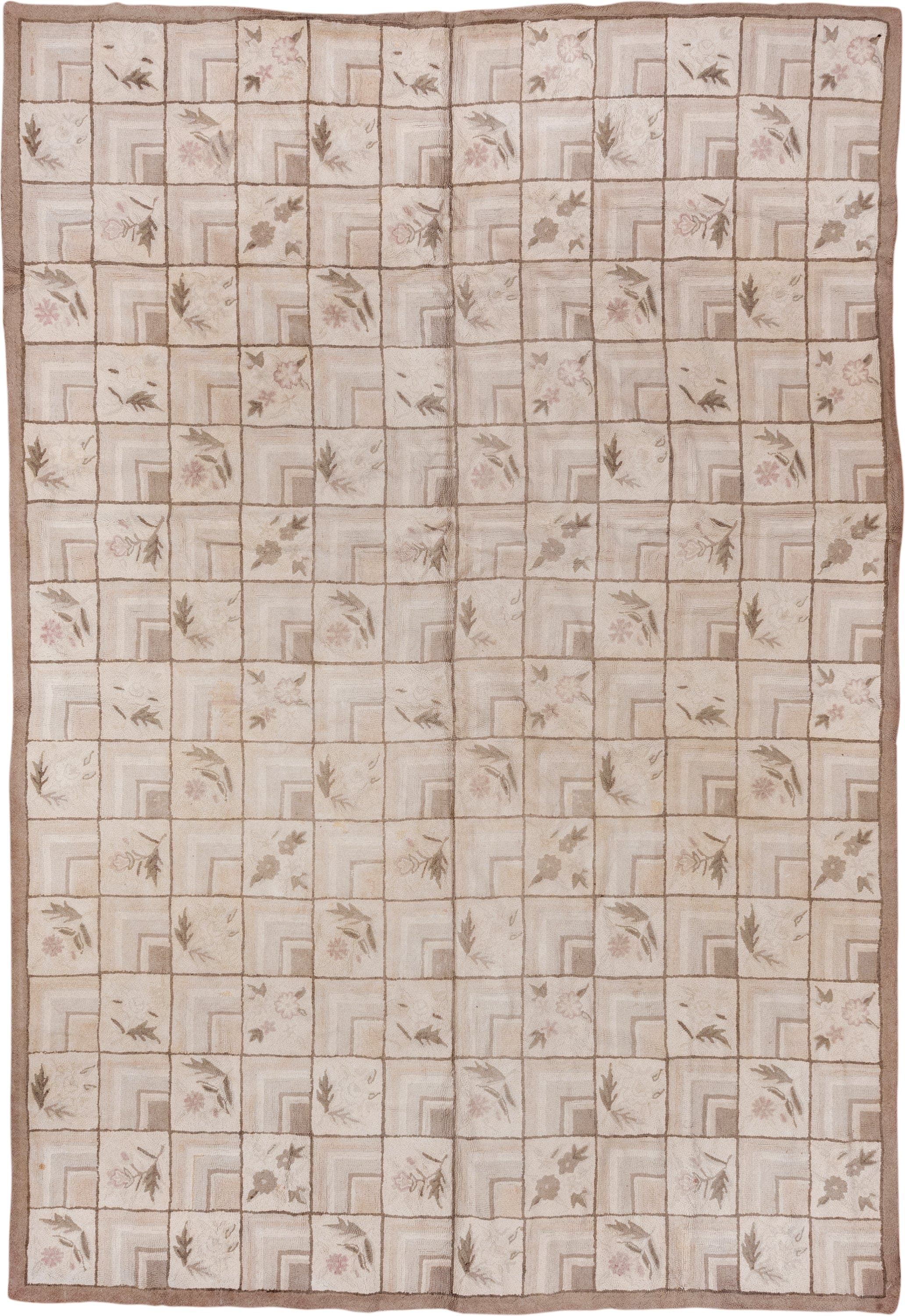 9' x 13' one-of-a-kind handmade antique Hooked large size rug. Color palette: ivory, taupe, beige, blush, sage, brown, gray