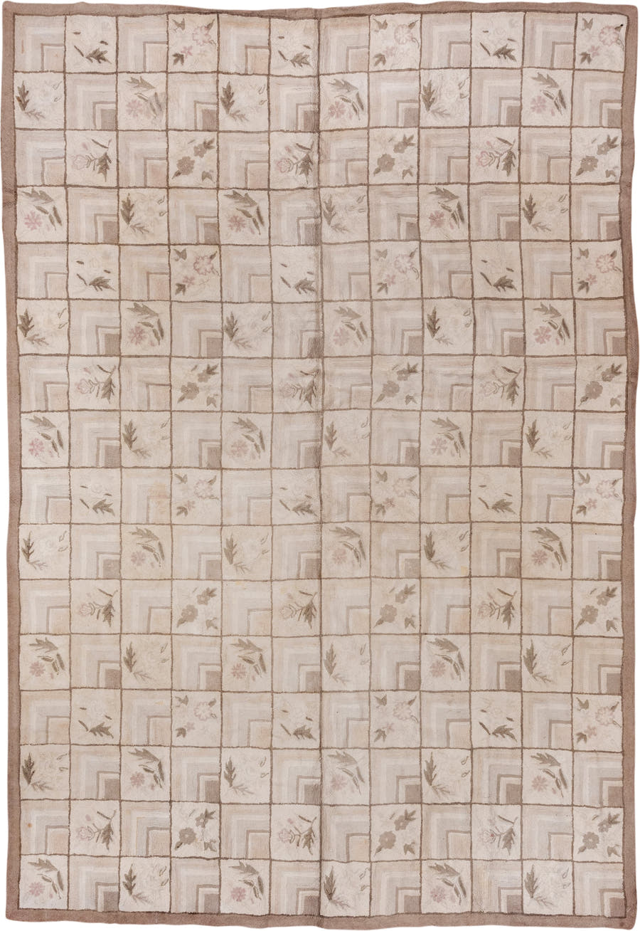 9' x 13' one-of-a-kind handmade antique Hooked large size rug. Color palette: ivory, taupe, beige, blush, sage, brown, gray