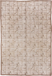 9' x 13' one-of-a-kind handmade antique Hooked large size rug. Color palette: ivory, taupe, beige, blush, sage, brown, gray
