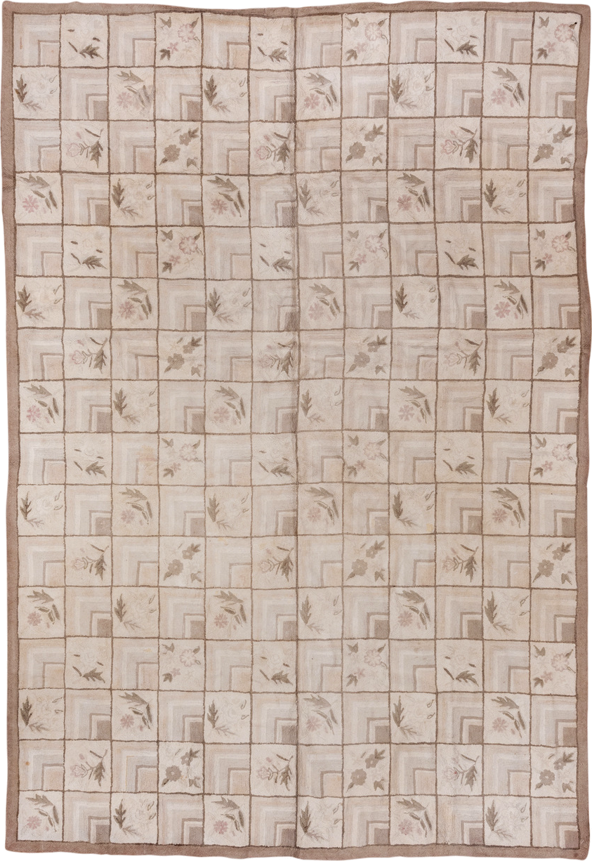 9' x 13' one-of-a-kind handmade antique Hooked large size rug. Color palette: ivory, taupe, beige, blush, sage, brown, gray