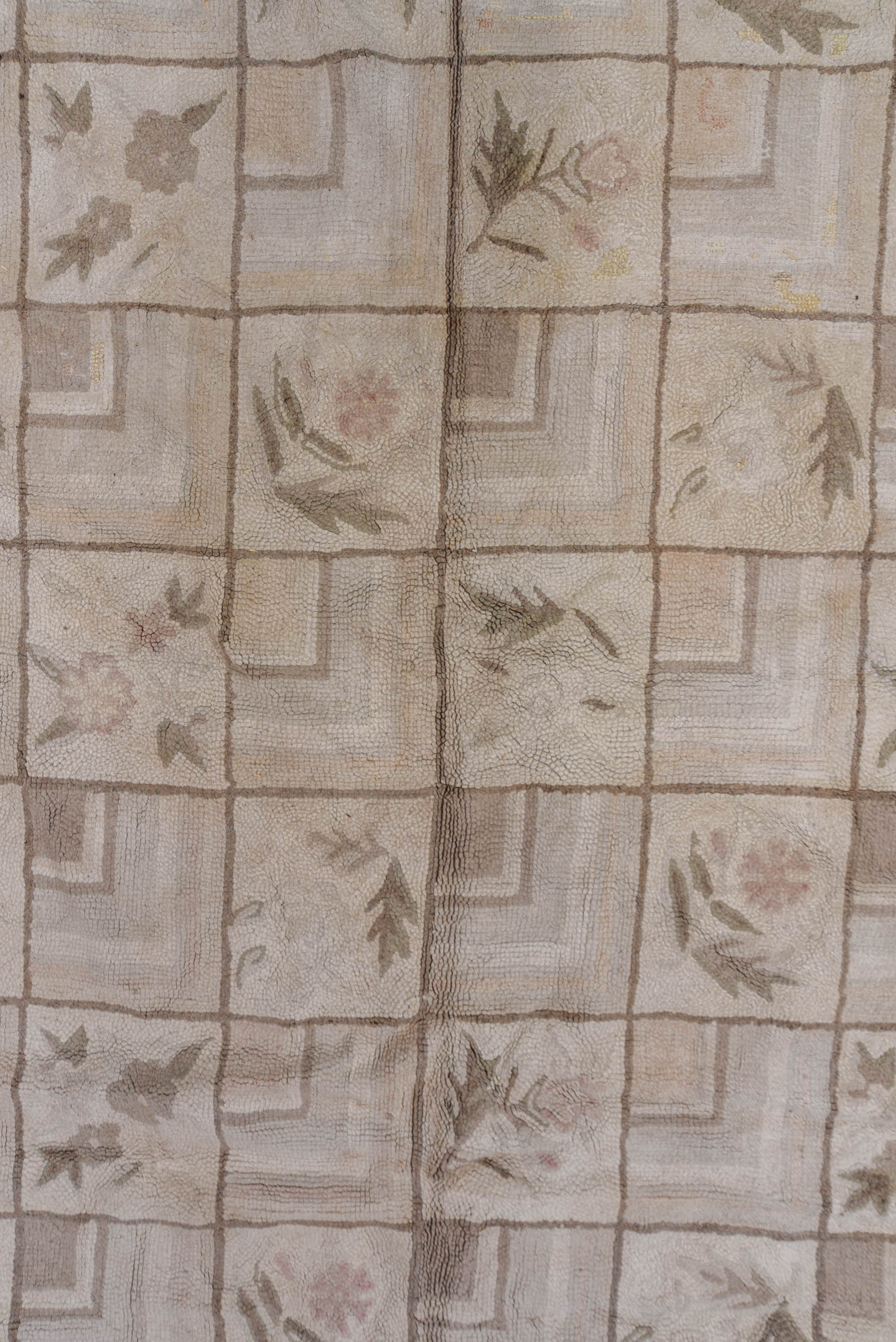 9' x 13' one-of-a-kind handmade antique Hooked large size rug. Color palette: ivory, taupe, beige, blush, sage, brown, gray