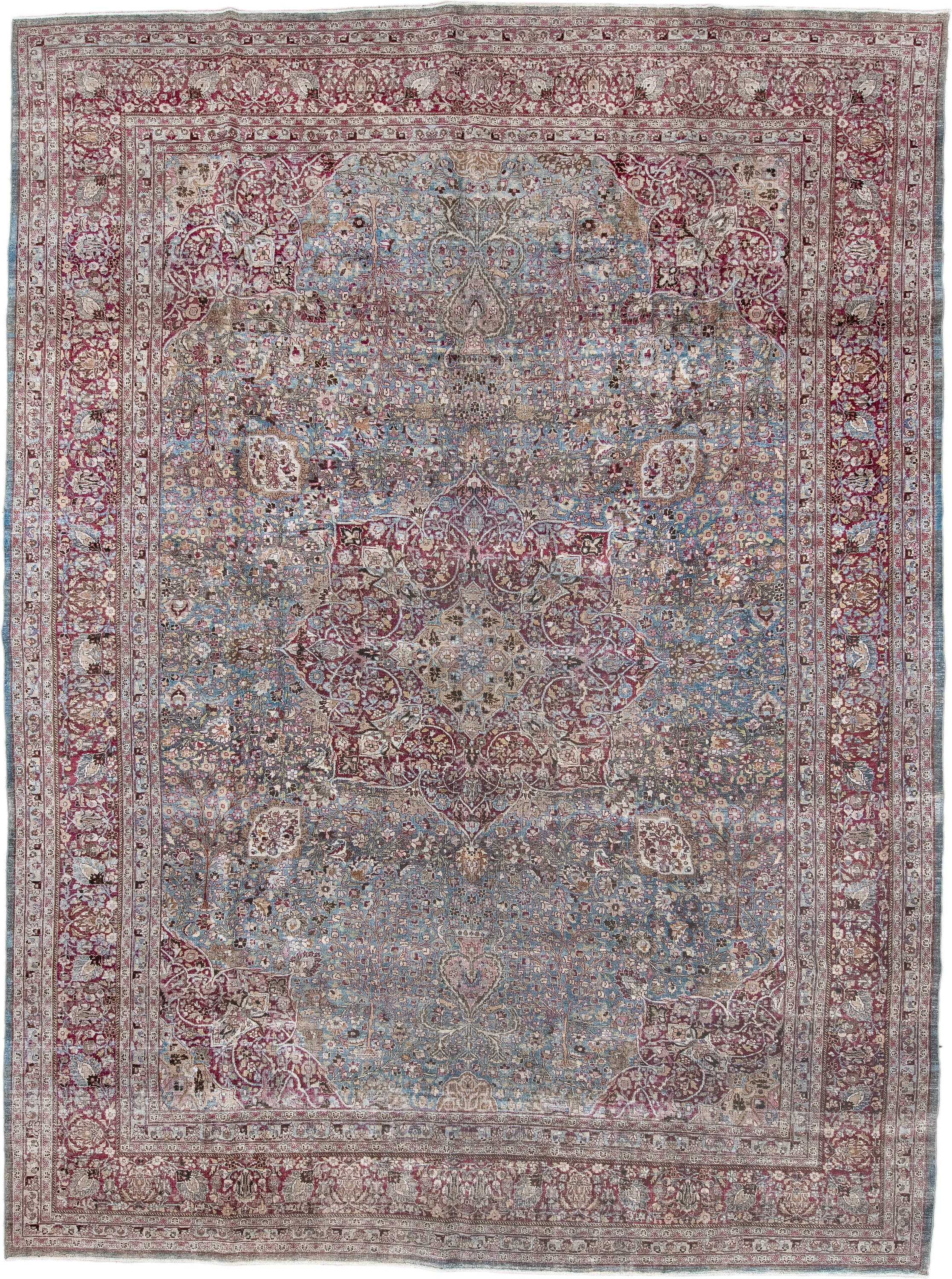 11' x 15' one-of-a-kind handmade antique Meshed oversize rug. Color palette: sky blue, burgundy, ivory, rose, taupe, slate