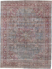11' x 15' one-of-a-kind handmade antique Meshed oversize rug. Color palette: sky blue, burgundy, ivory, rose, taupe, slate
