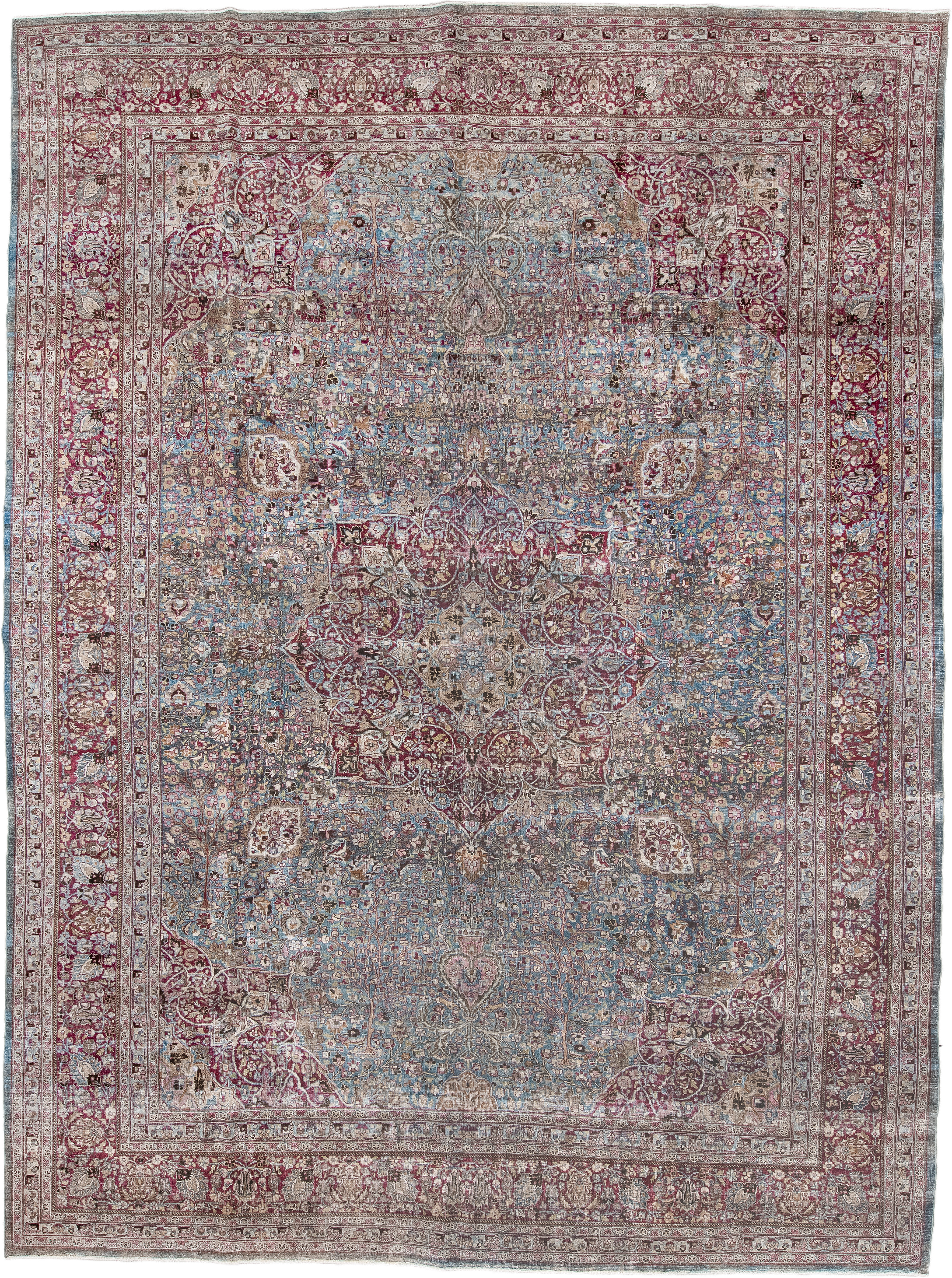 11' x 15' one-of-a-kind handmade antique Meshed oversize rug. Color palette: sky blue, burgundy, ivory, rose, taupe, slate