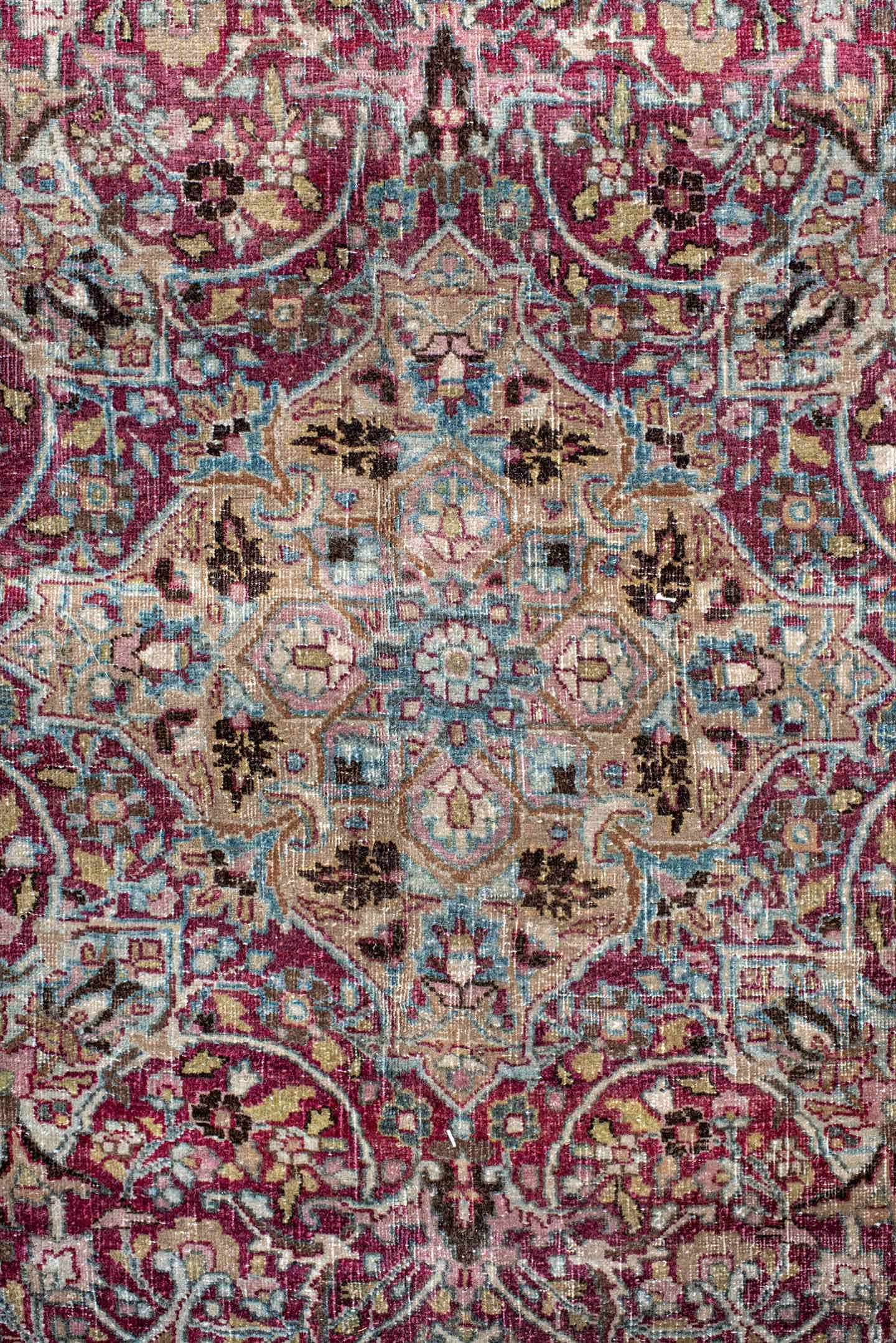 11' x 15' one-of-a-kind handmade antique Meshed oversize rug. Color palette: sky blue, burgundy, ivory, rose, taupe, slate