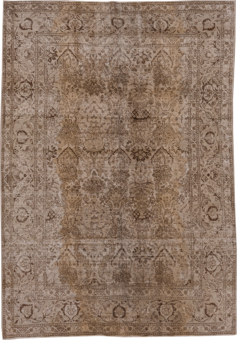 6' x 8' one-of-a-kind handmade antique Tabriz medium size rug. Color palette: taupe, beige, brown, camel, ivory, gray