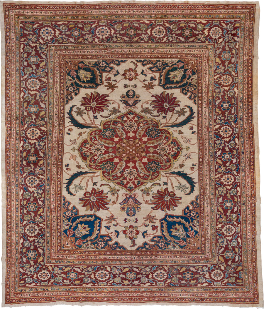 12' x 14' one-of-a-kind handmade antique Sultanabad oversize rug. Color palette: ivory, rust, brick red, indigo, soft blue
