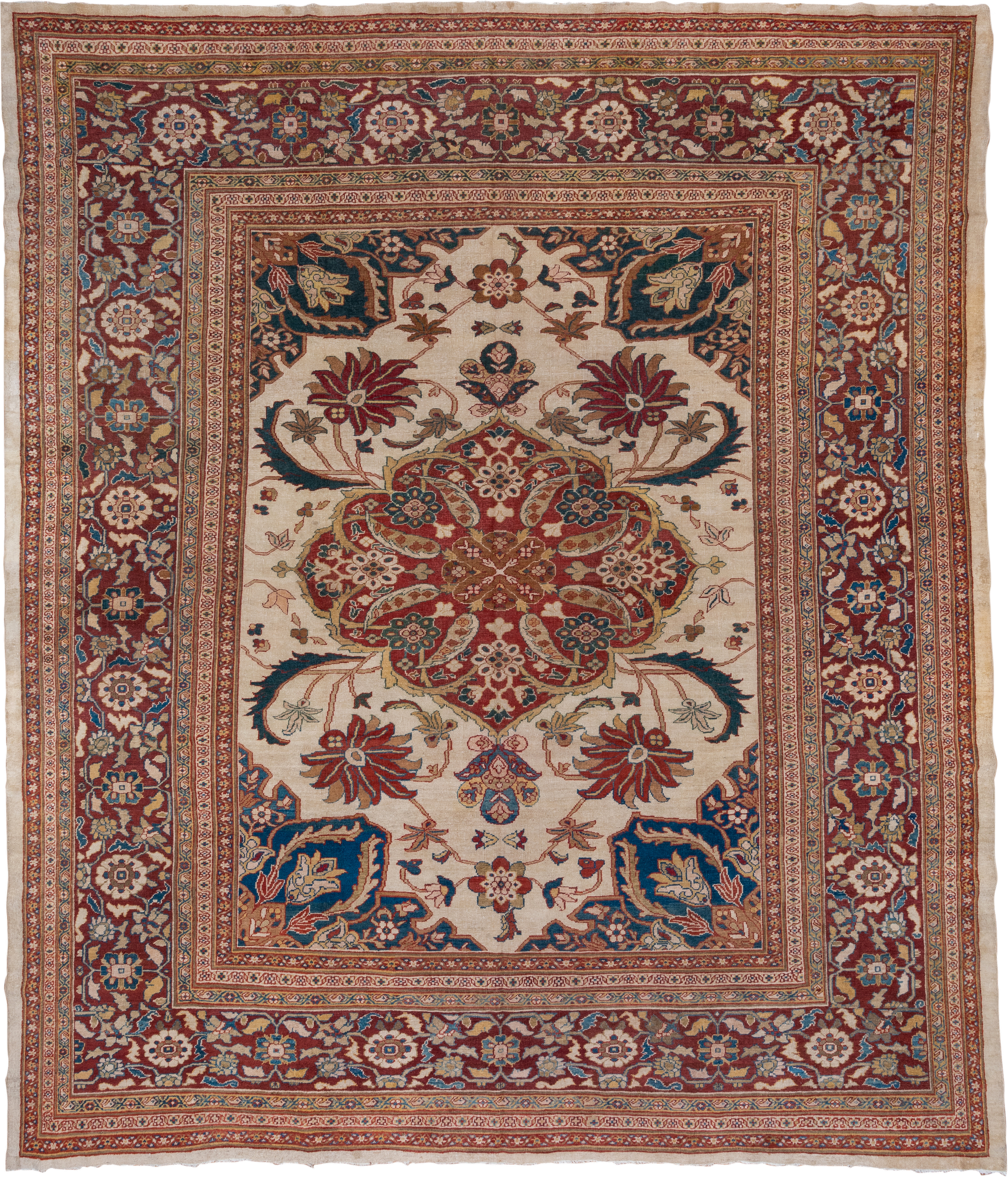 12' x 14' one-of-a-kind handmade antique Sultanabad oversize rug. Color palette: ivory, rust, brick red, indigo, soft blue