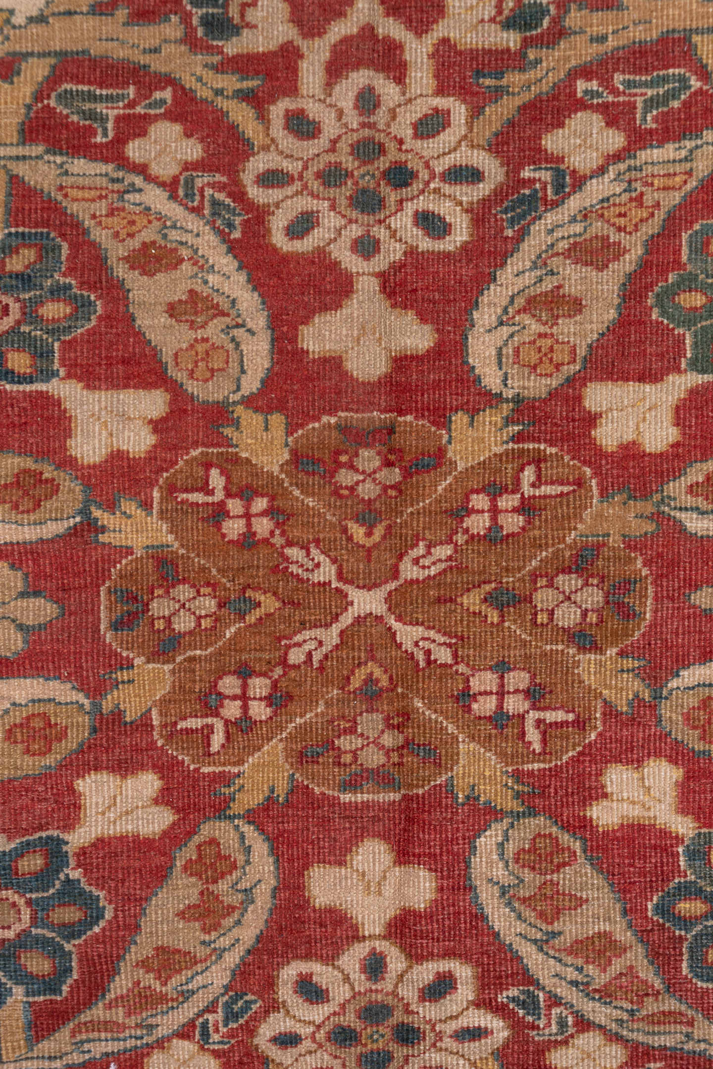 12' x 14' one-of-a-kind handmade antique Sultanabad oversize rug. Color palette: ivory, rust, brick red, indigo, soft blue
