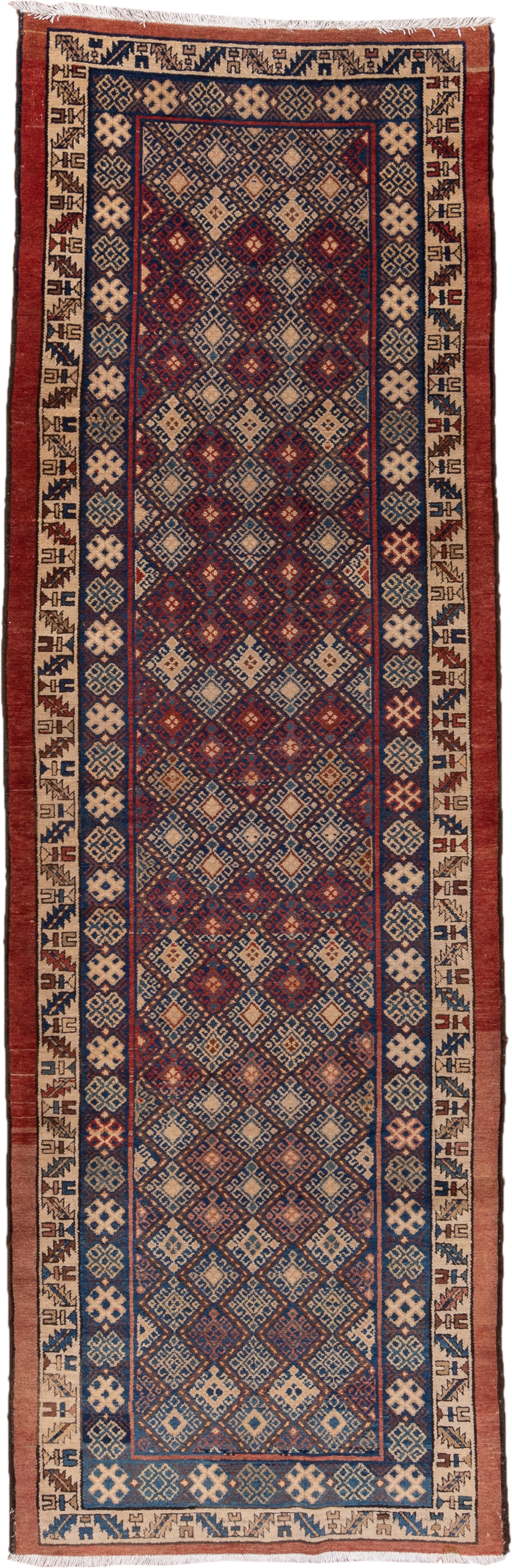 3' x 10' one-of-a-kind handmade antique Malayer runner rug. Color palette: indigo, ivory, rust, brick, camel, navy, purple