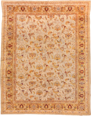 9' x 11' one-of-a-kind handmade antique Amritzar large size rug. Color palette: ivory, gold, camel, saffron, taupe, burgundy
