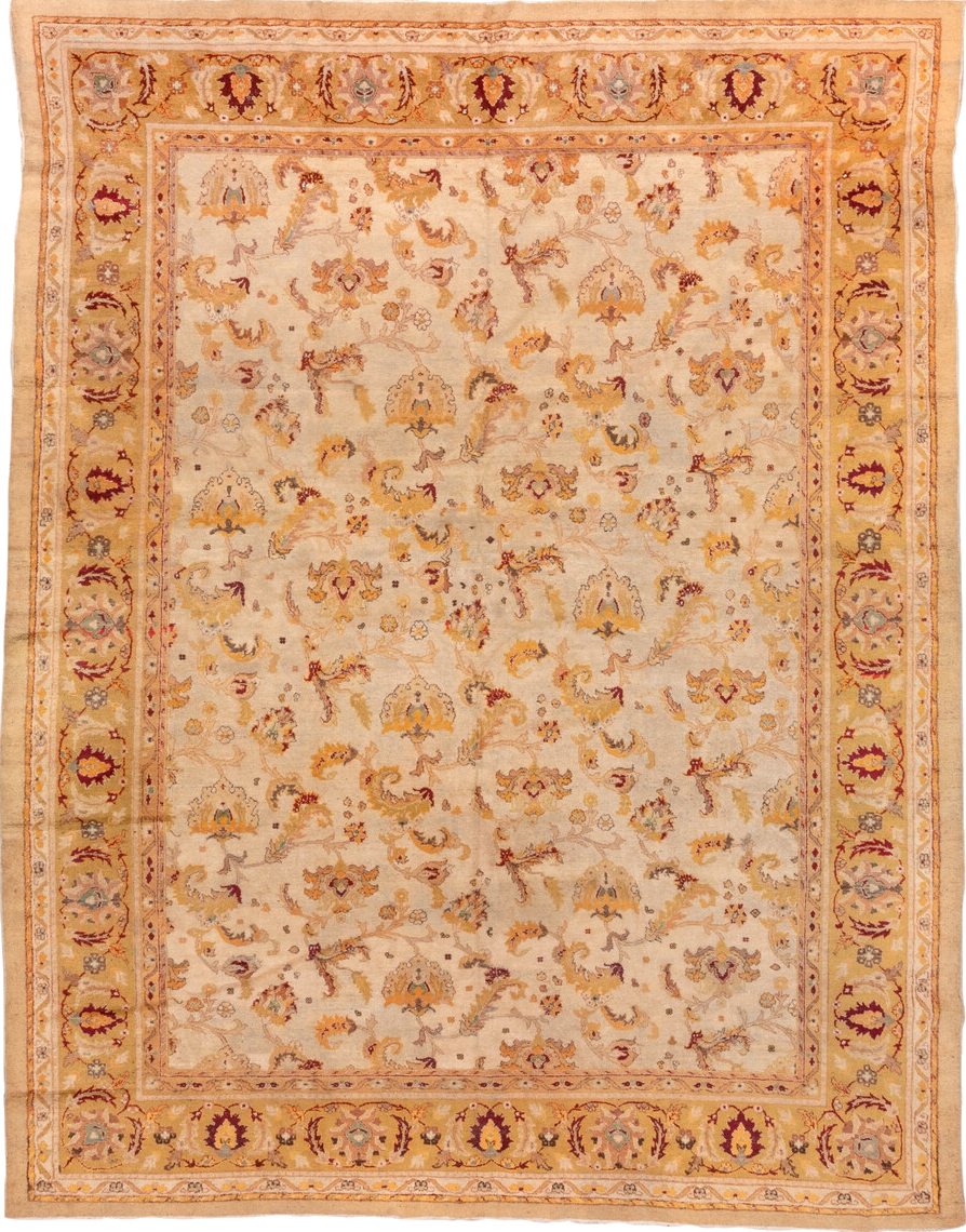 9' x 11' one-of-a-kind handmade vintage Amritzar large size rug. Color palette: brown, burlywood, off-white, orange