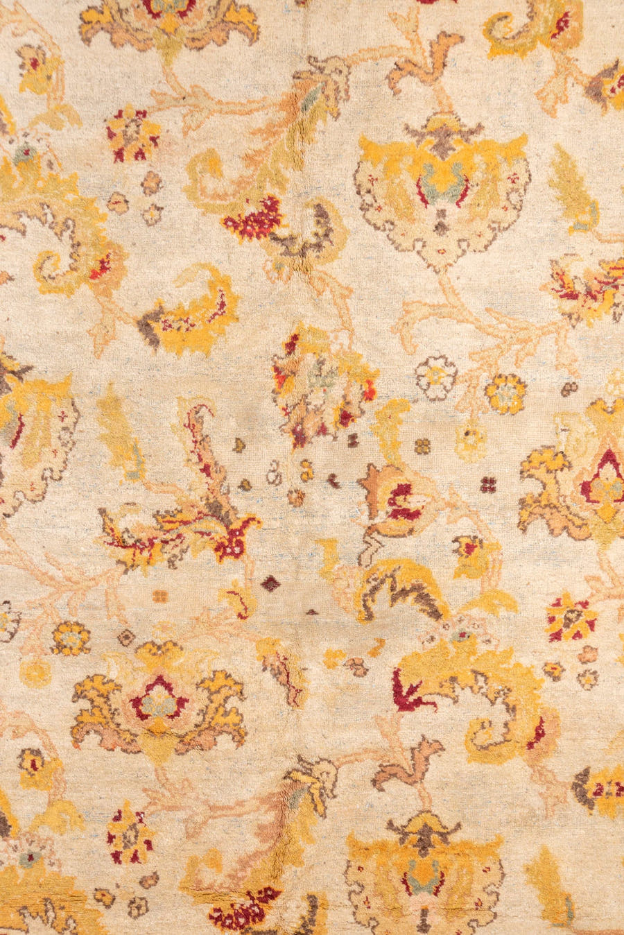 9' x 11' one-of-a-kind handmade antique Amritzar large size rug. Color palette: ivory, gold, camel, saffron, taupe, burgundy