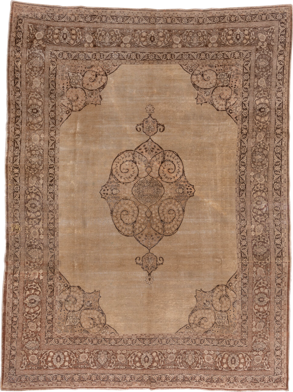 9' x 12' one-of-a-kind handmade antique Tabriz large size rug. Color palette: camel, taupe, brown, ivory, beige, gray